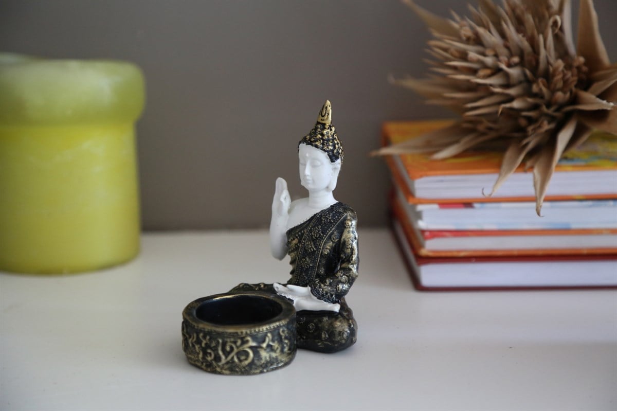 Pirinç Detaylı Beyaz Buda Tealight Mumluklar (11 cm)