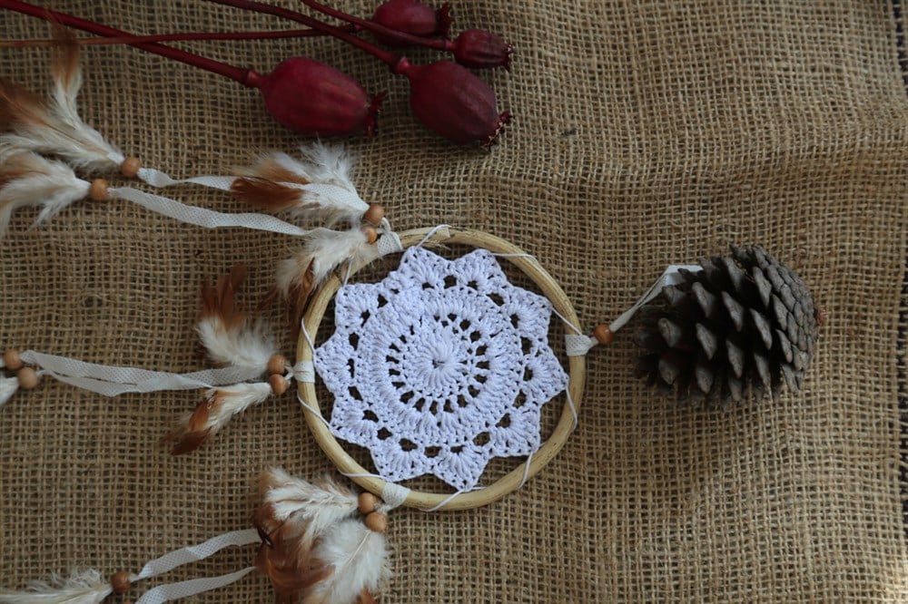 Rattan Beyaz Rüya Kapanı / Dreamcatcher (12 cm çap)