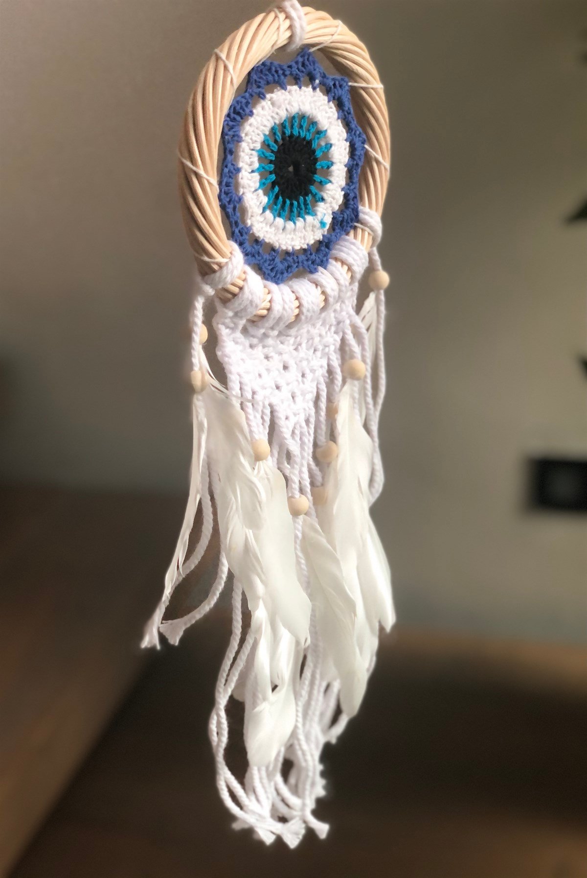 Rattan Kasnaklı Göz Şeklinde Makromeli Düş Kapanı (Çap: 12 cm)