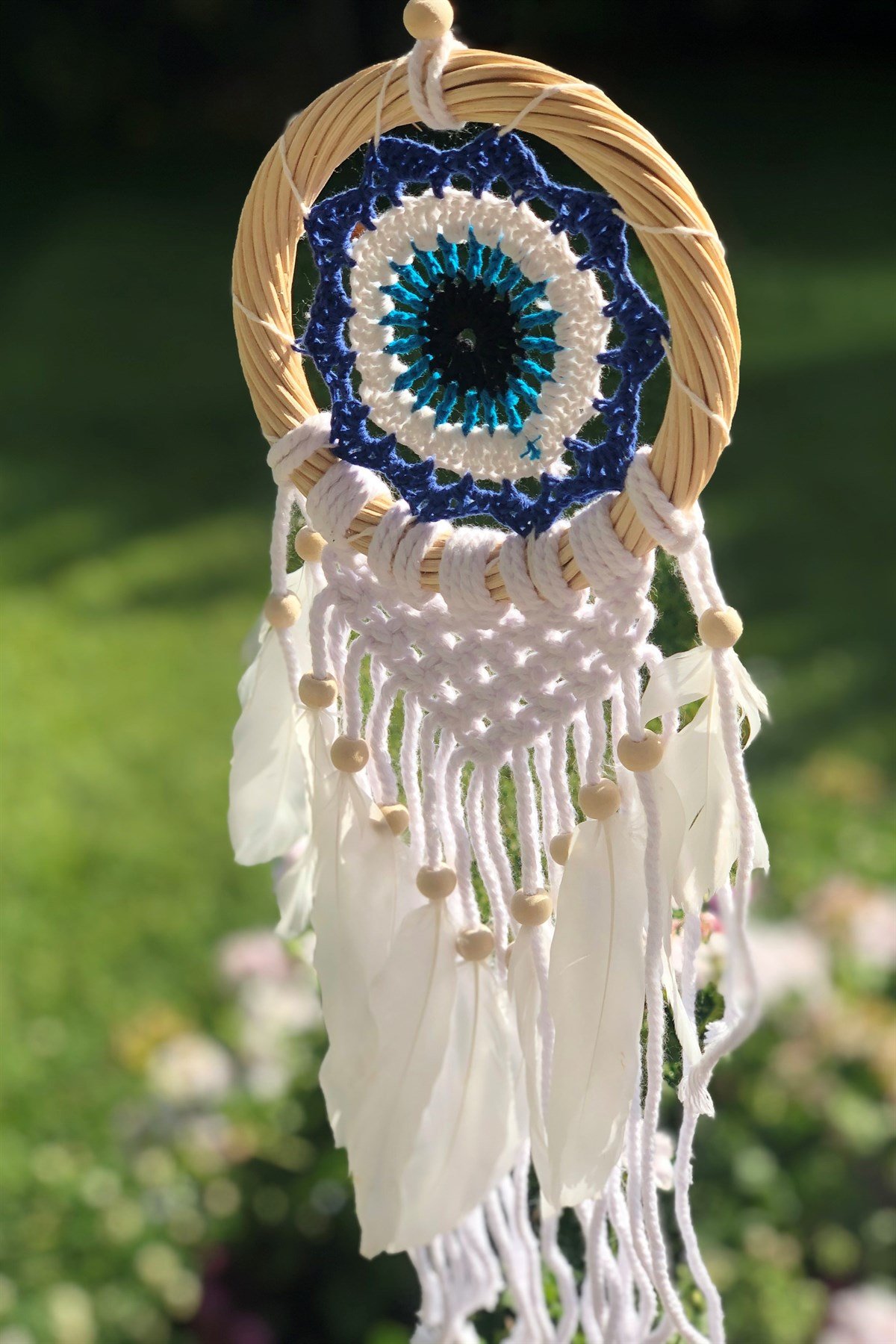 Rattan Kasnaklı Göz Şeklinde Makromeli Düş Kapanı (Çap: 12 cm) - Miamantra