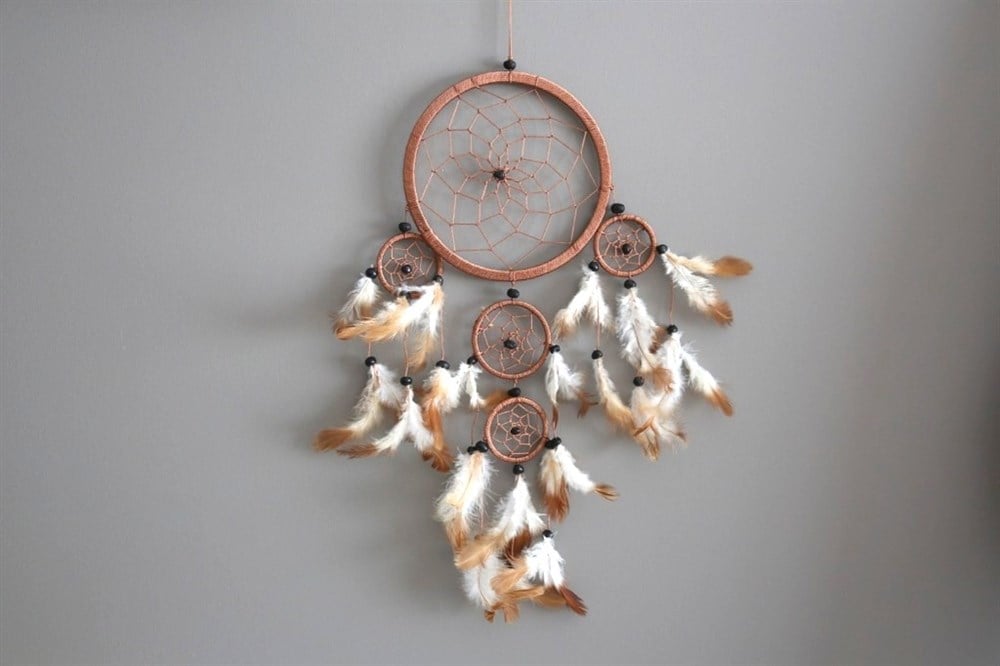 Üç Gözlü Kahverengi Rüya Kapanı / Dreamcatcher (16,5 cm çap)