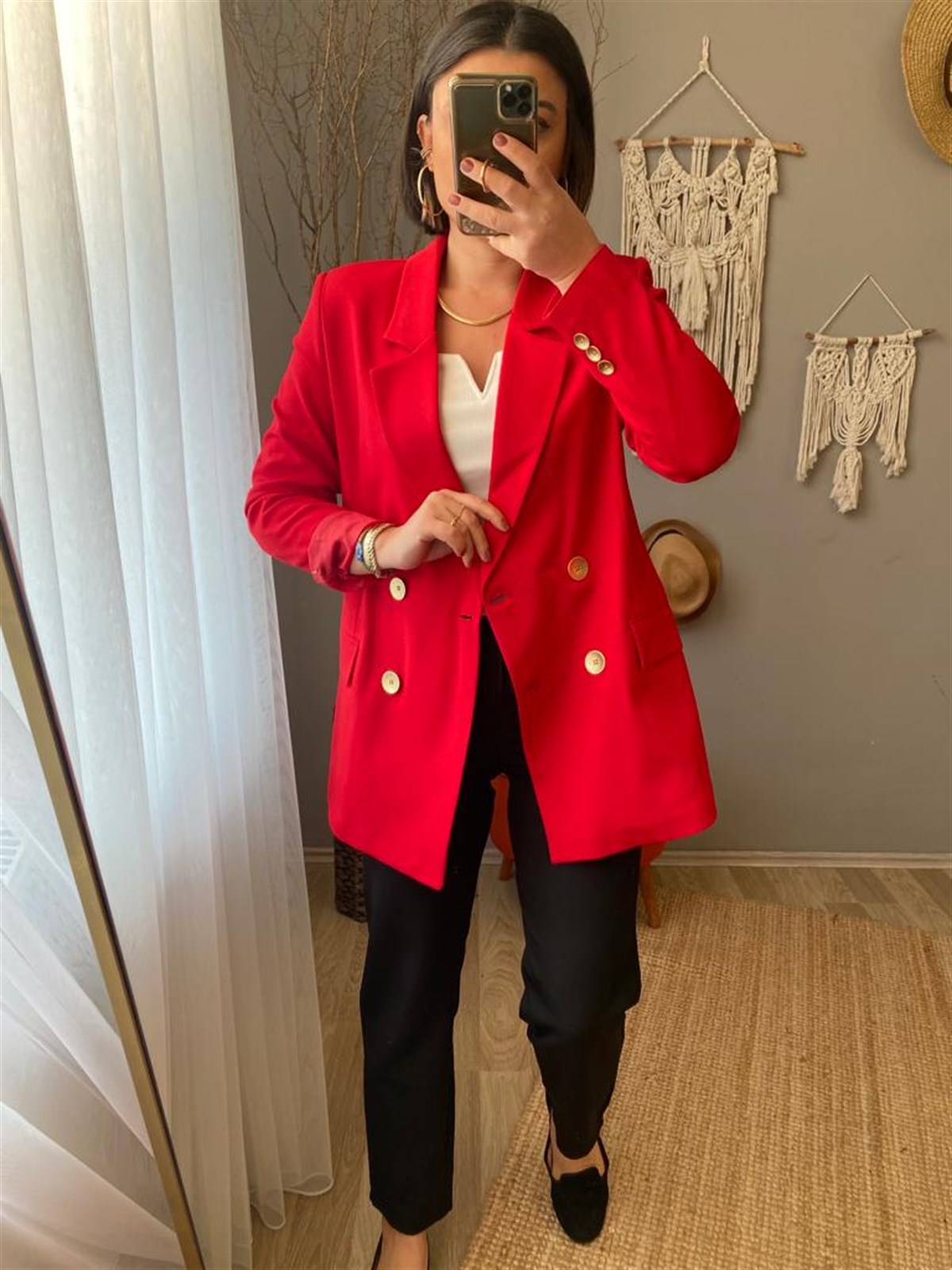 Astarlı vatkalı gold düğme detaylı blazer ceket