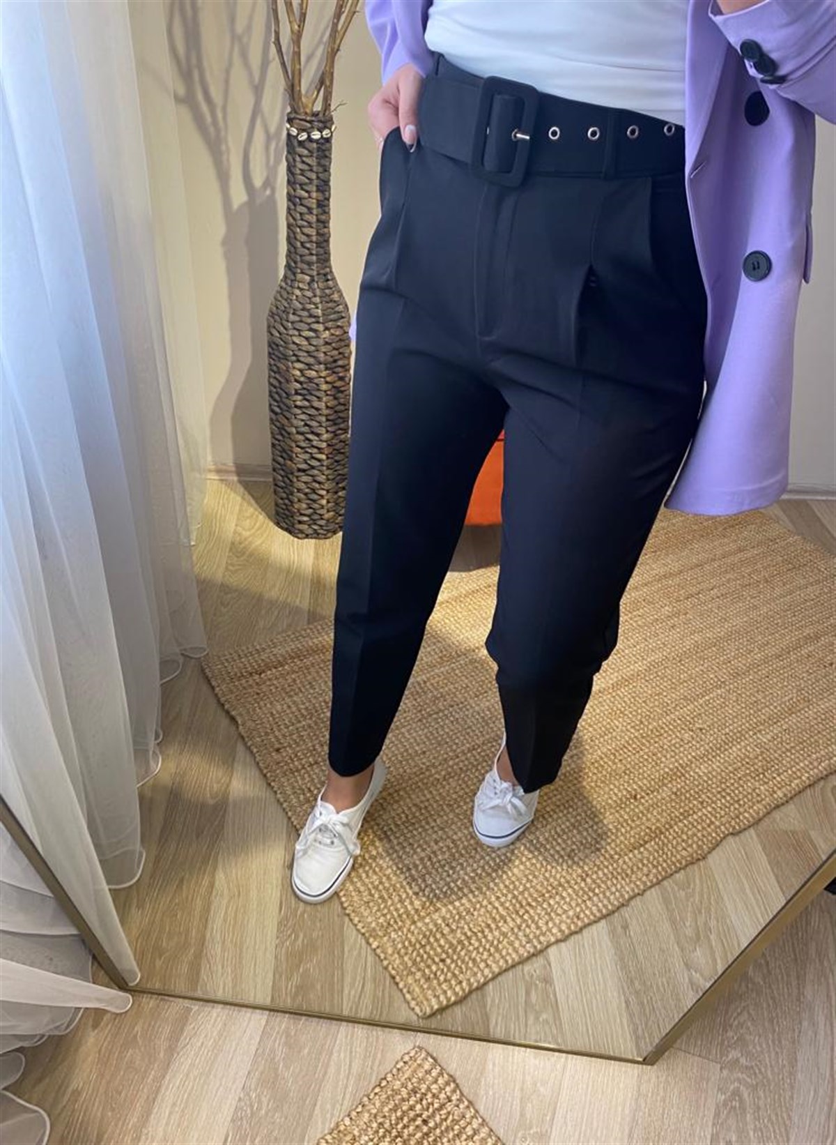 Ekstra yuksek bel kemerlı kumaş pantalon