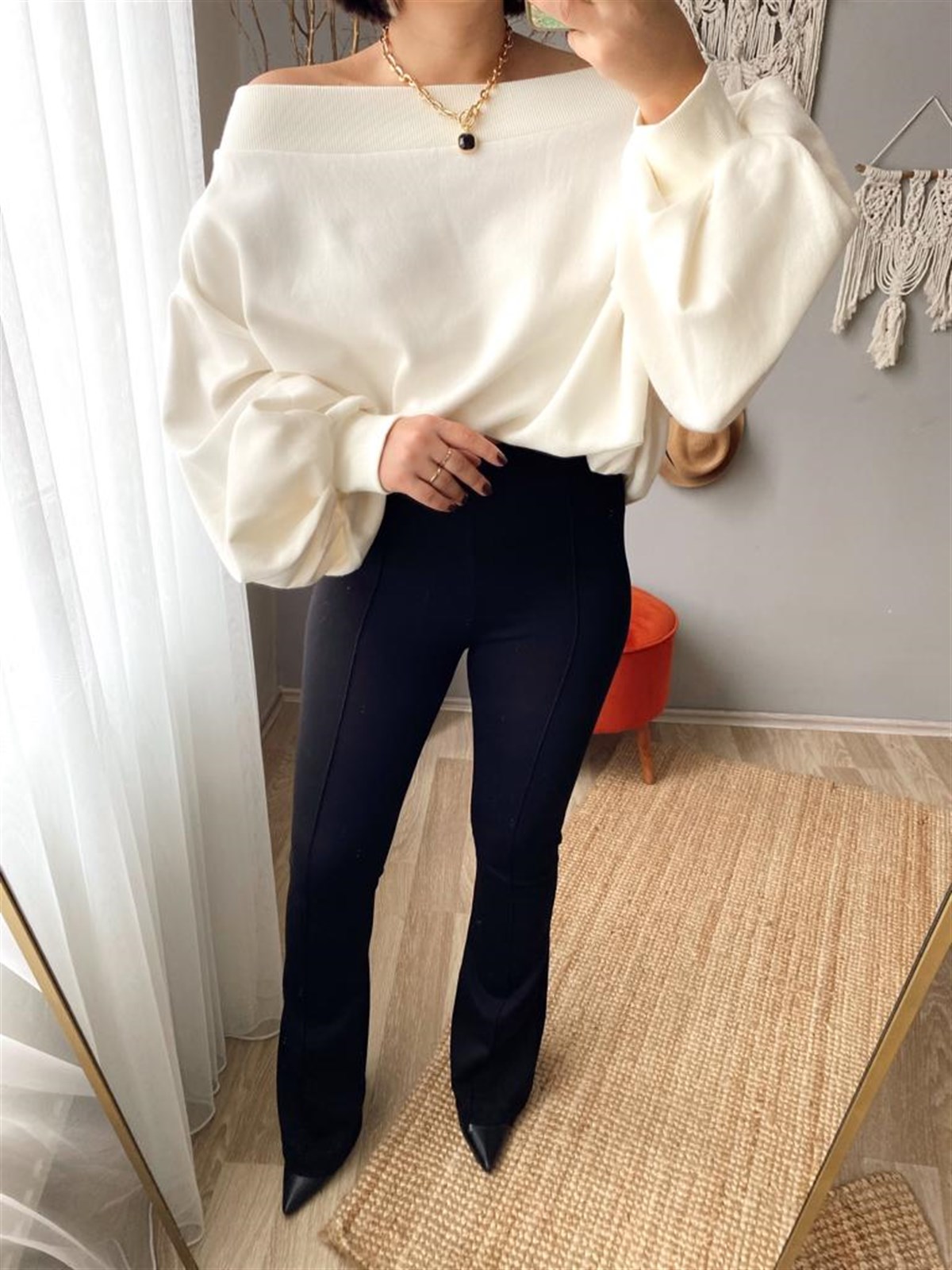 İçi şardonlu kayık yaka balon kol rahat kalıp sweat bluz