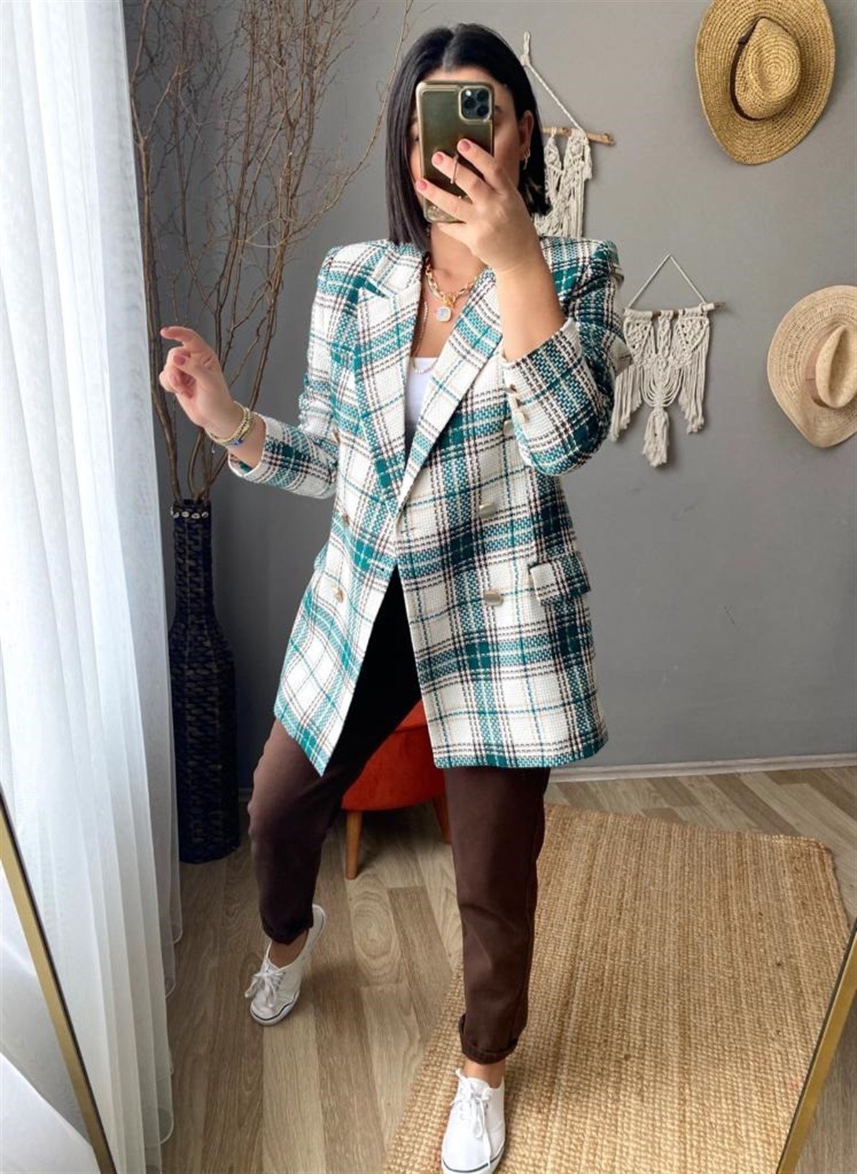 Kendinden dokulu astarlı vatkalı ekoseli kruvaze blazer ceket