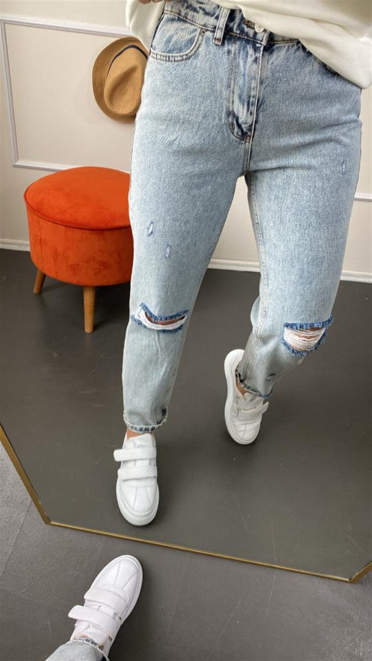 Lıkrasız mavı mom fıt jean