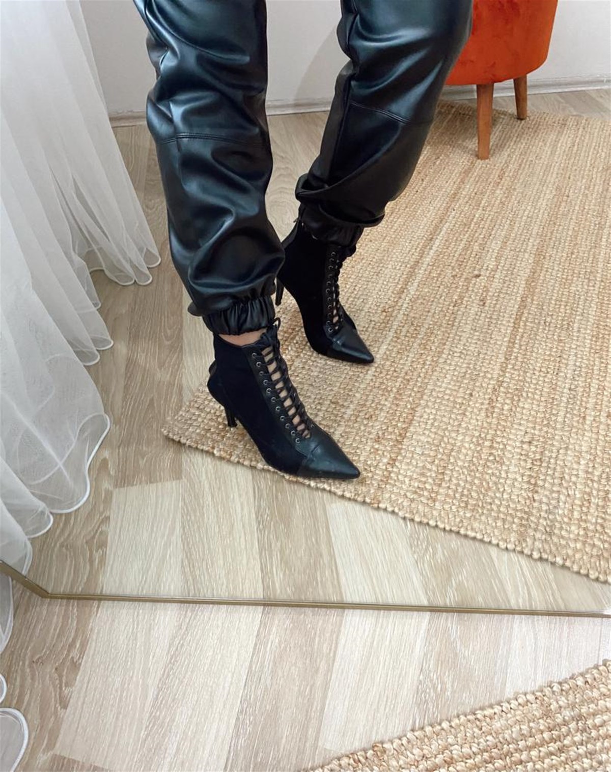 Paca lastıklı yuksek bel ıcı sardonlu derı pantalon