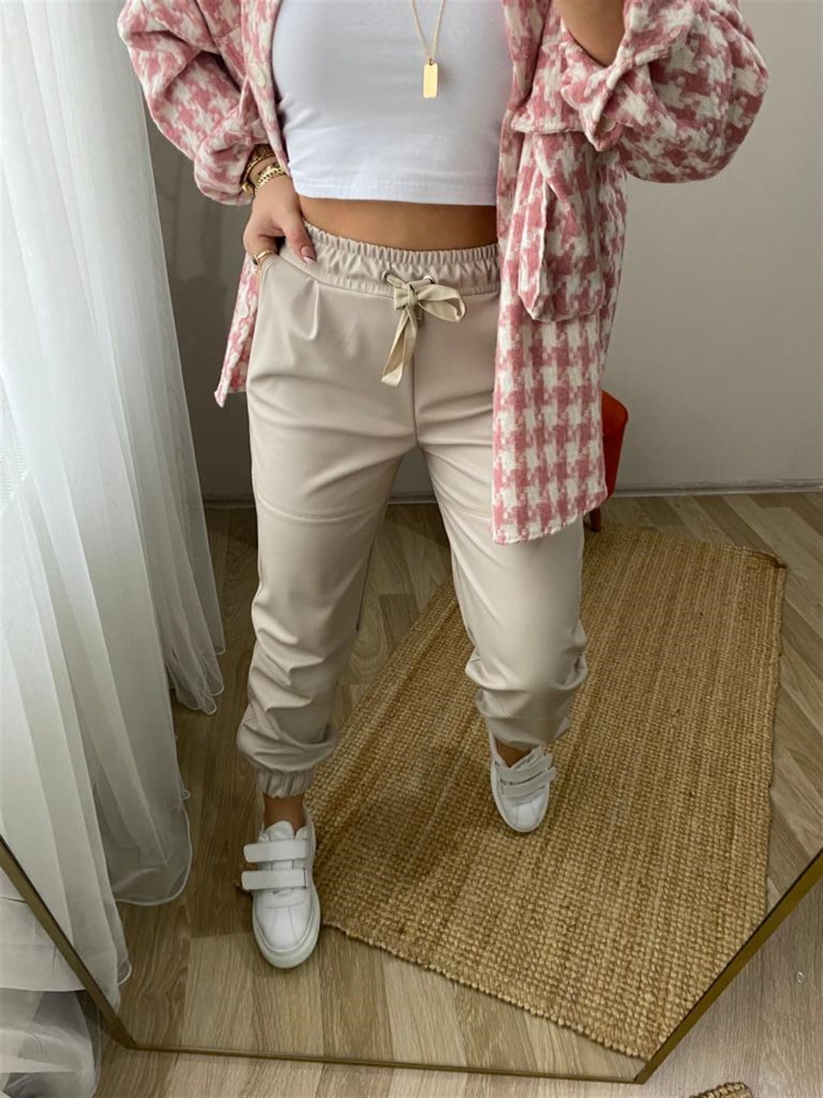 Paca lastıklı yuksek bel ıcı sardonlu derı pantalon