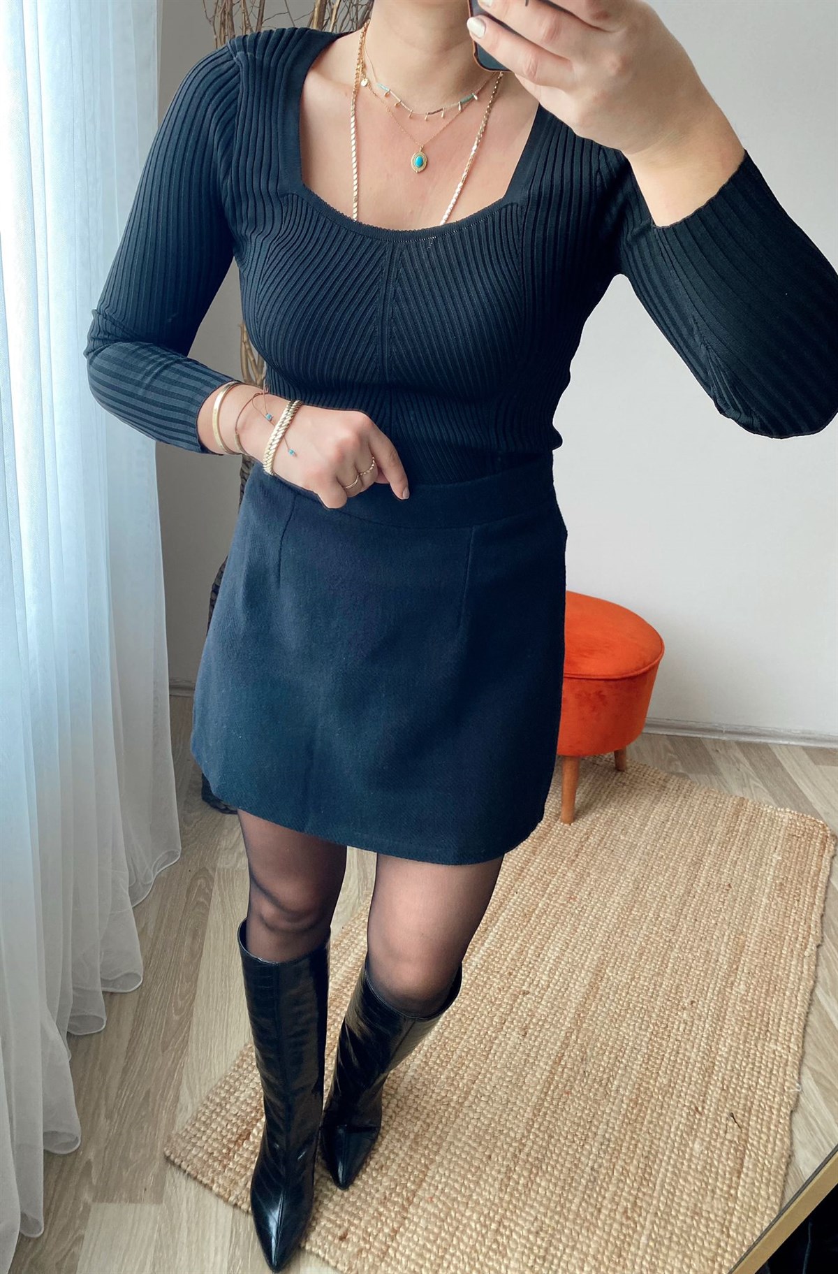 Standart beden celık orgu esnek kare yaka trıko