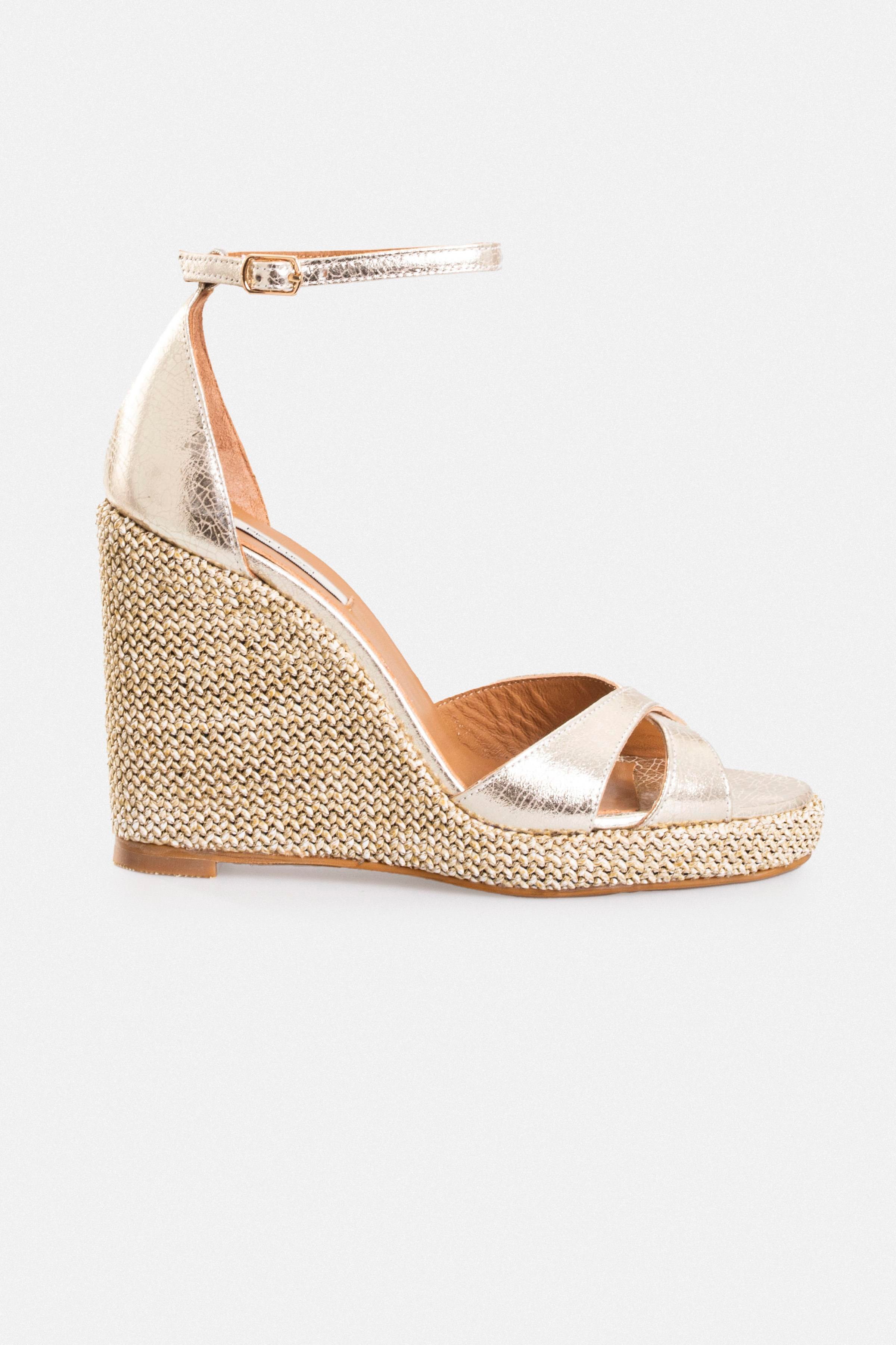 Kadın Dolgu Topuklu Sandalet - Altın Deri