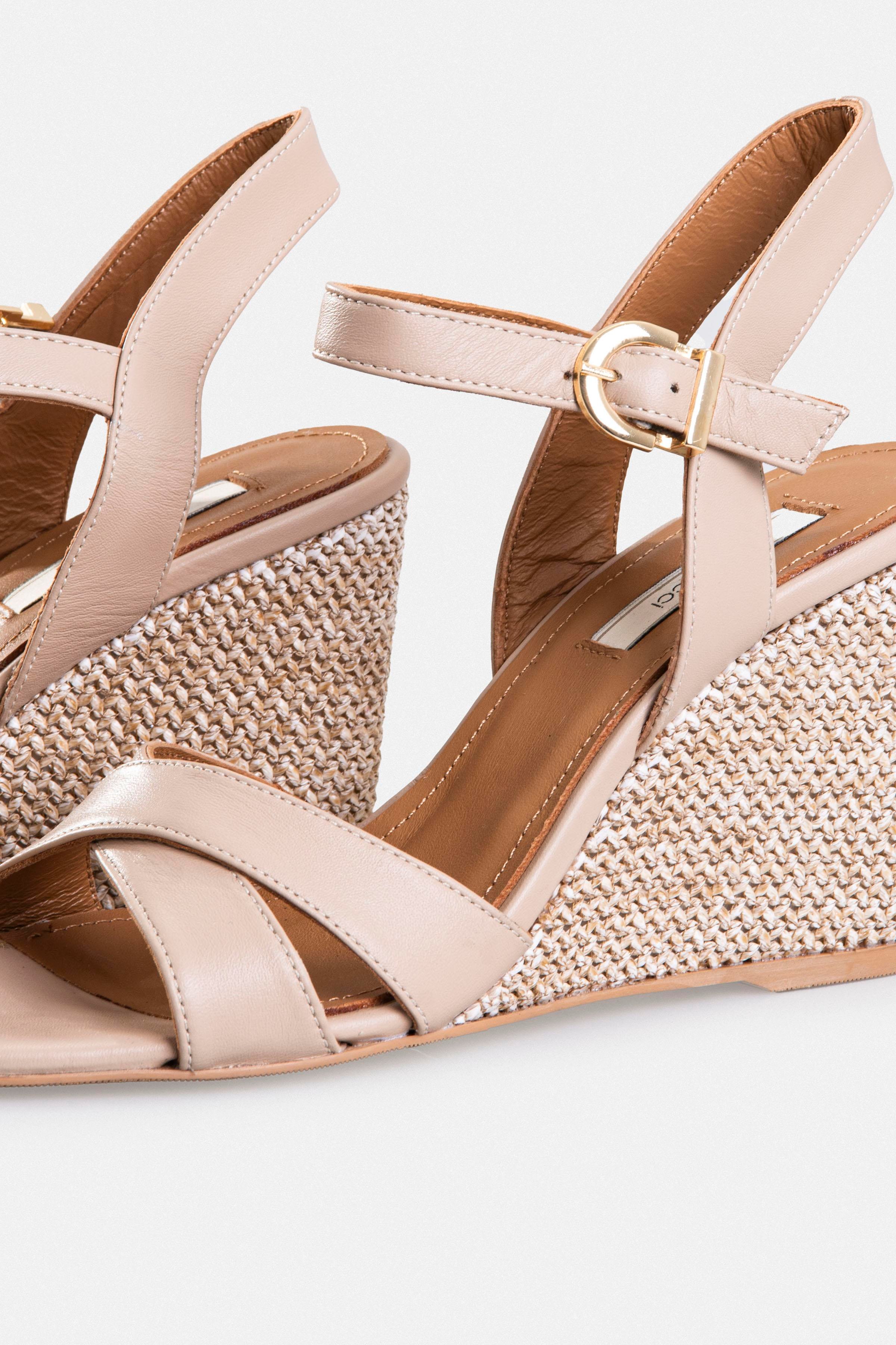 Kadın Dolgu Topuklu Sandalet - Bej Deri