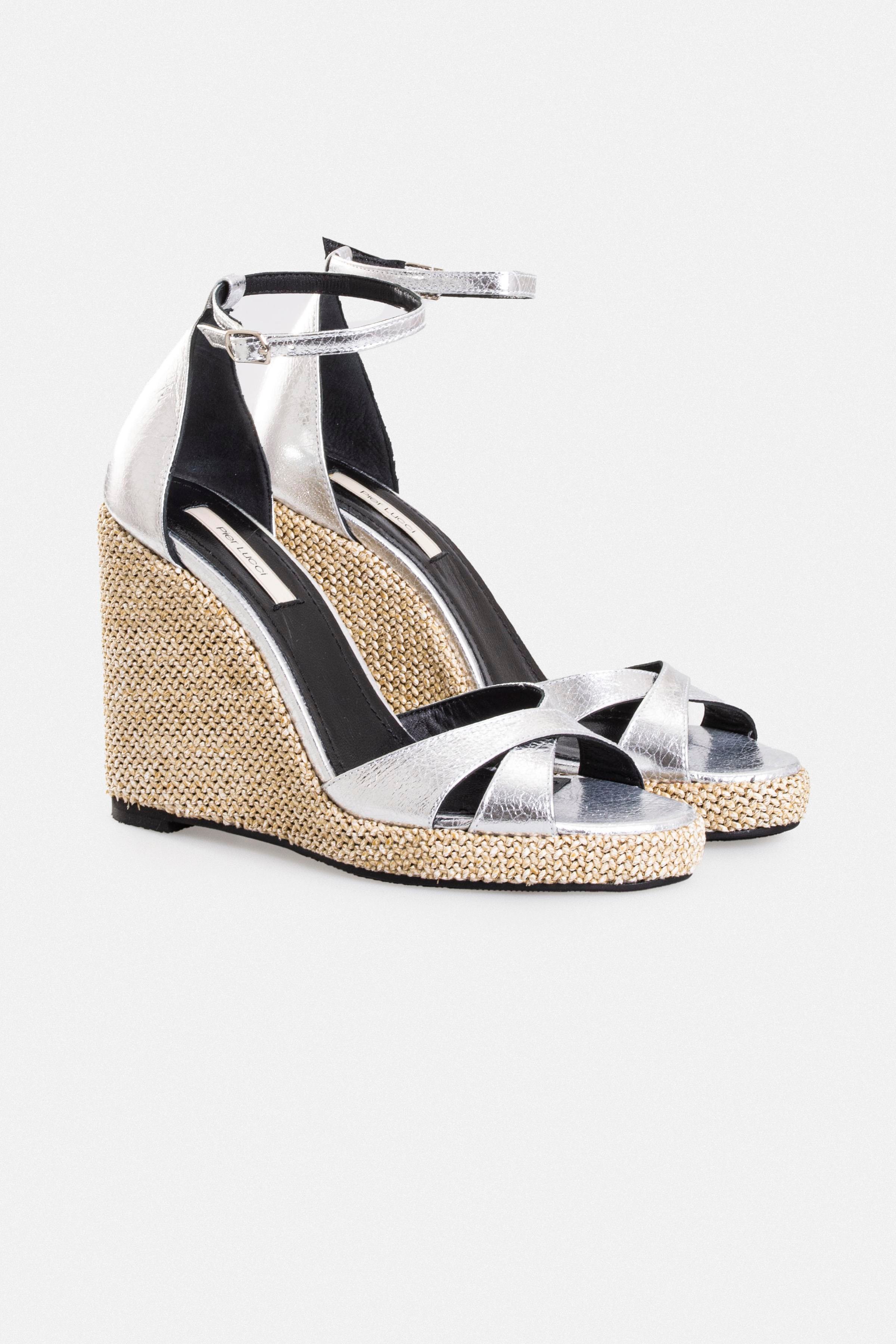 Kadın Dolgu Topuklu Sandalet - Gümüş Deri