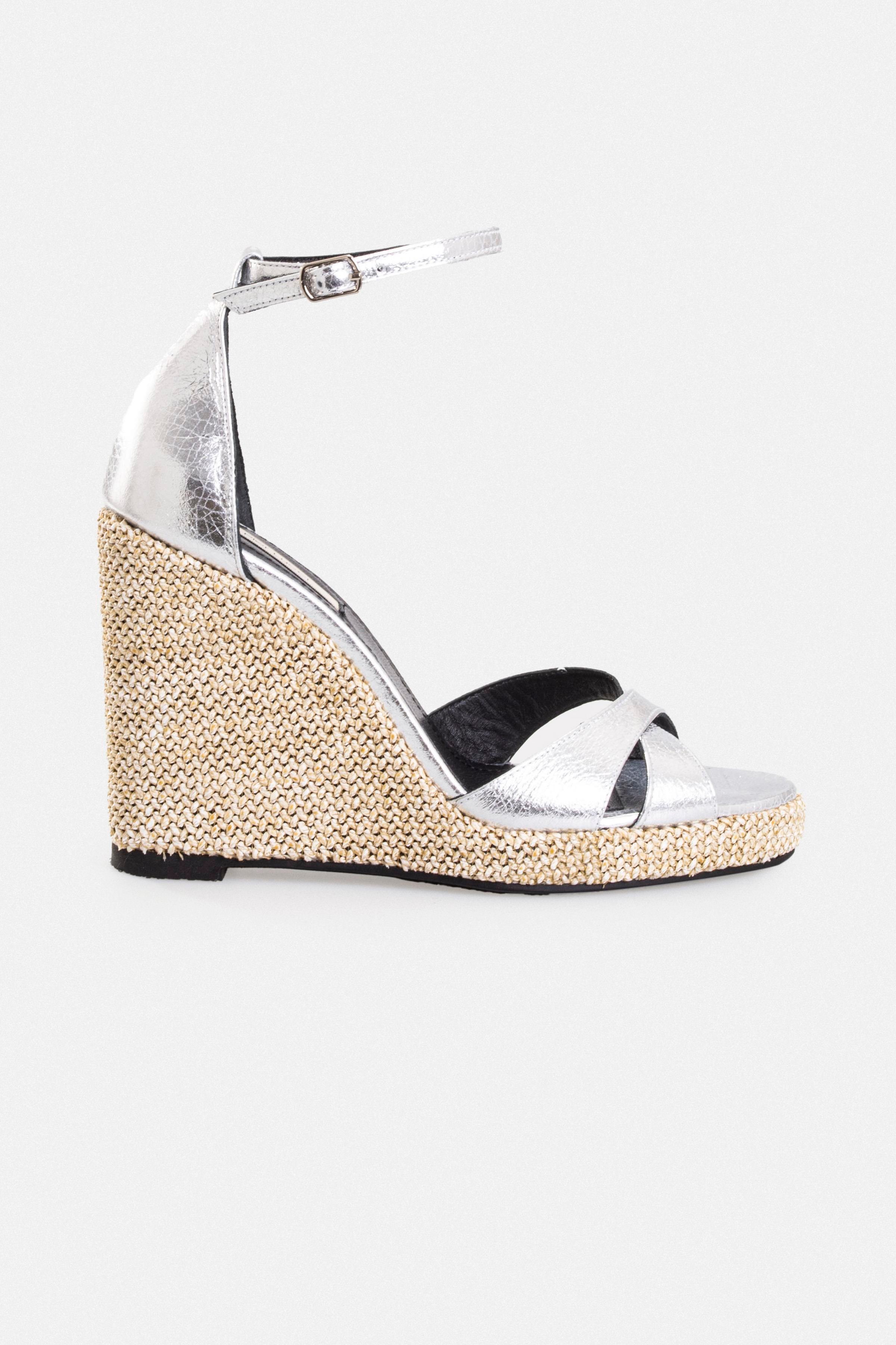 Kadın Dolgu Topuklu Sandalet - Gümüş Deri