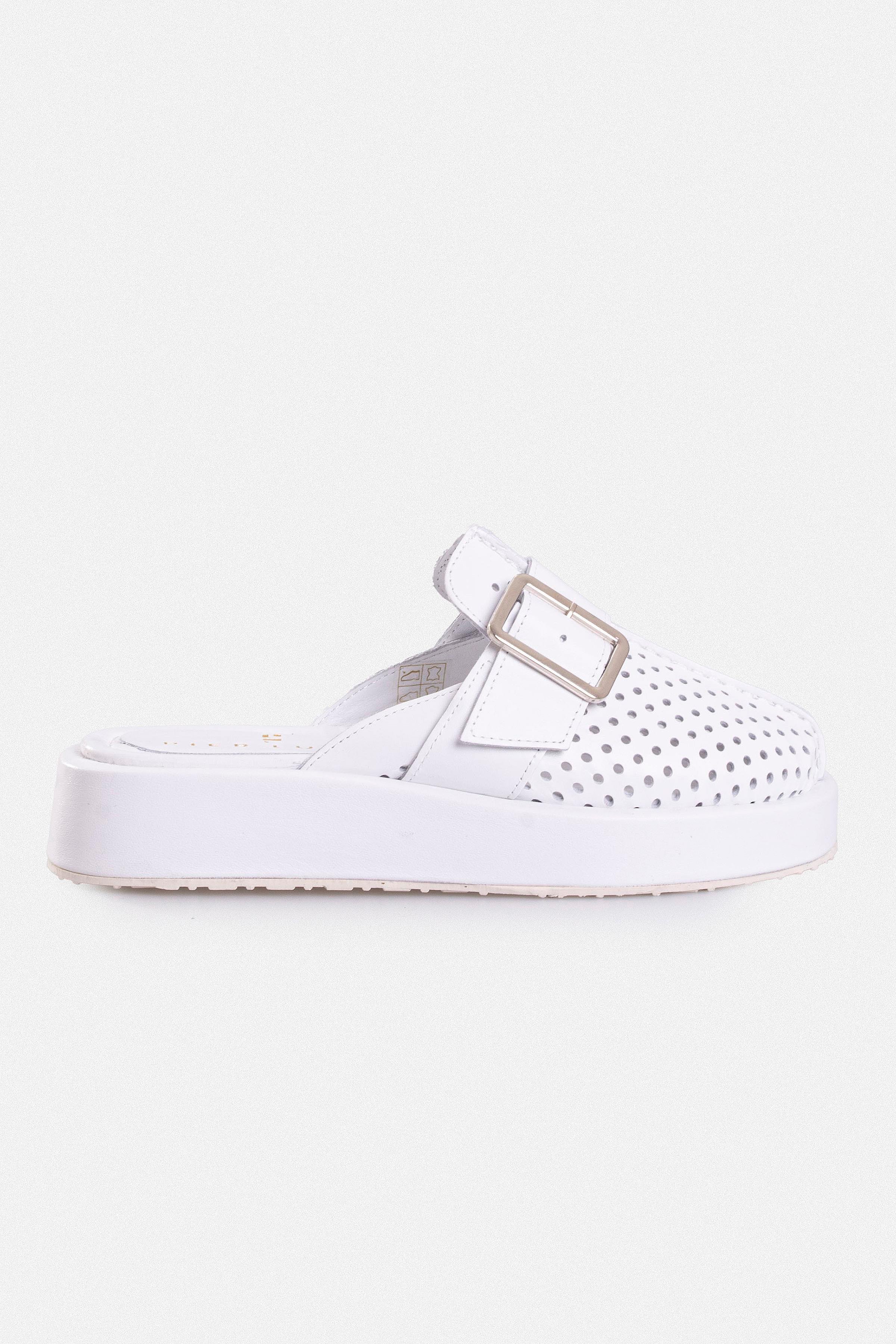 Kadın Düz Kalın Topuklu Terlik - Beyaz Deri