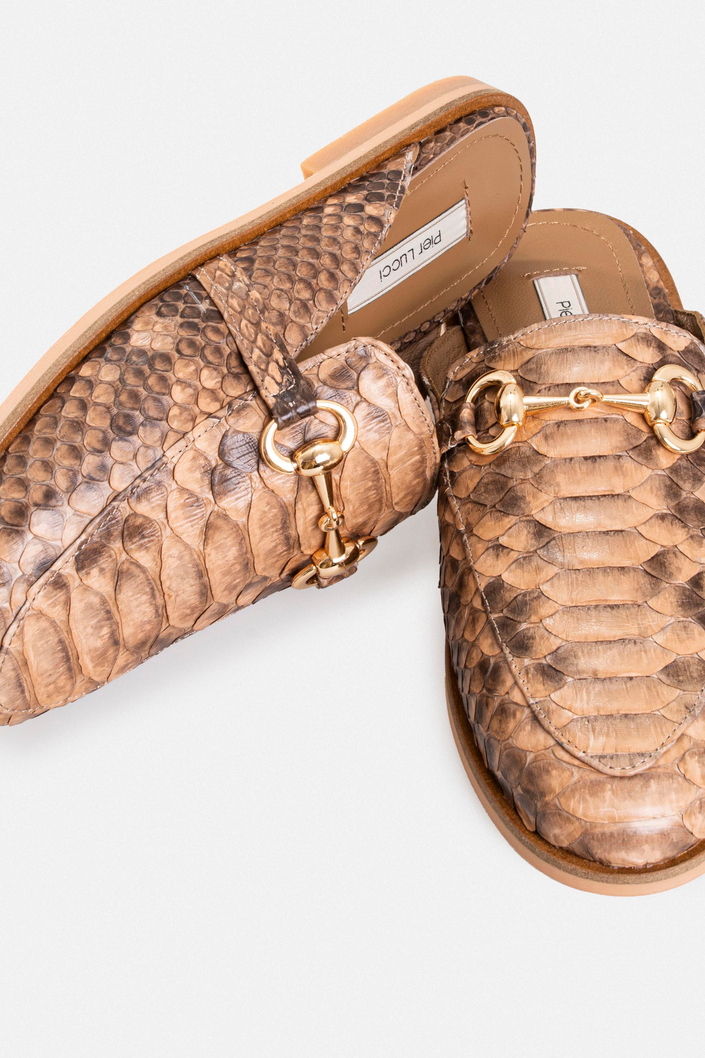 Kadın Günlük Düz Terlik - Chesnut Yılan Derisi