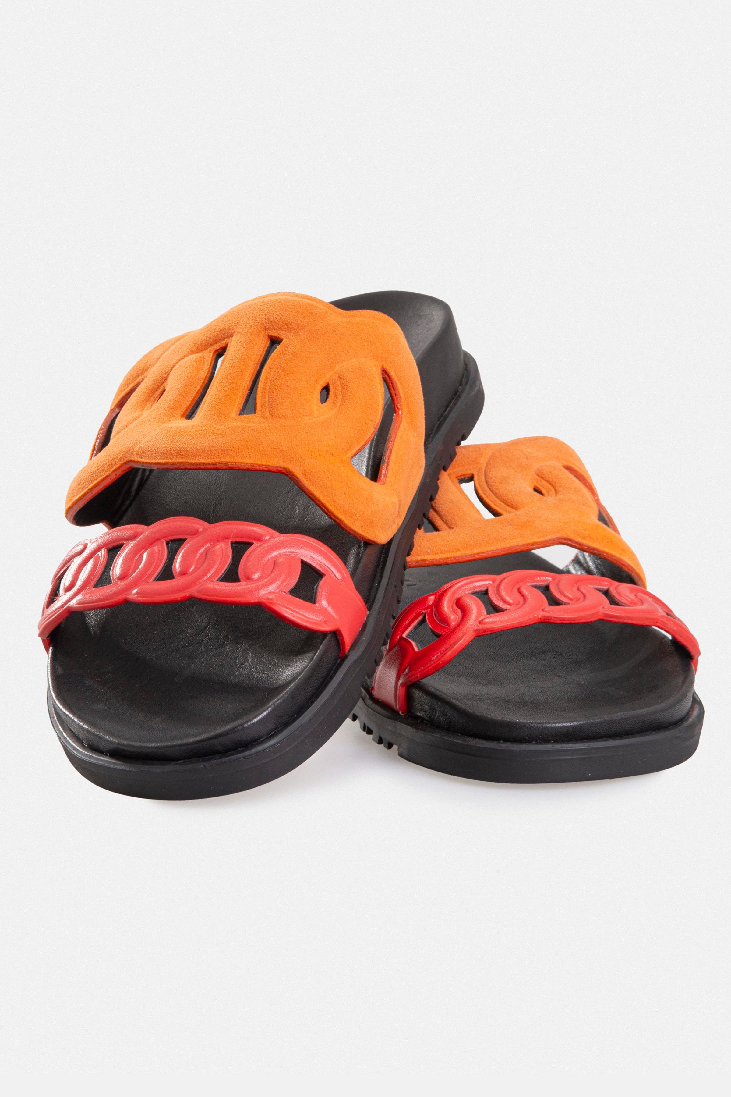 Kadın Günlük Düz Terlik - Kırmızı Deri-turuncu Süet