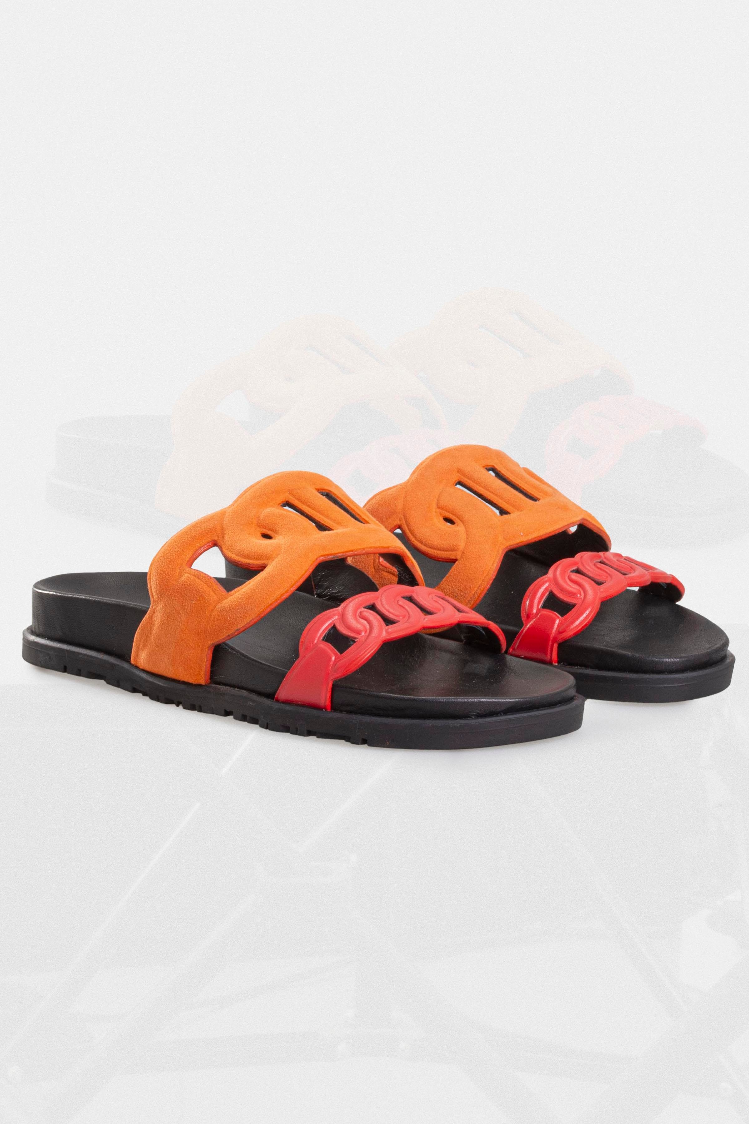 Kadın Günlük Düz Terlik - Kırmızı Deri-turuncu Süet