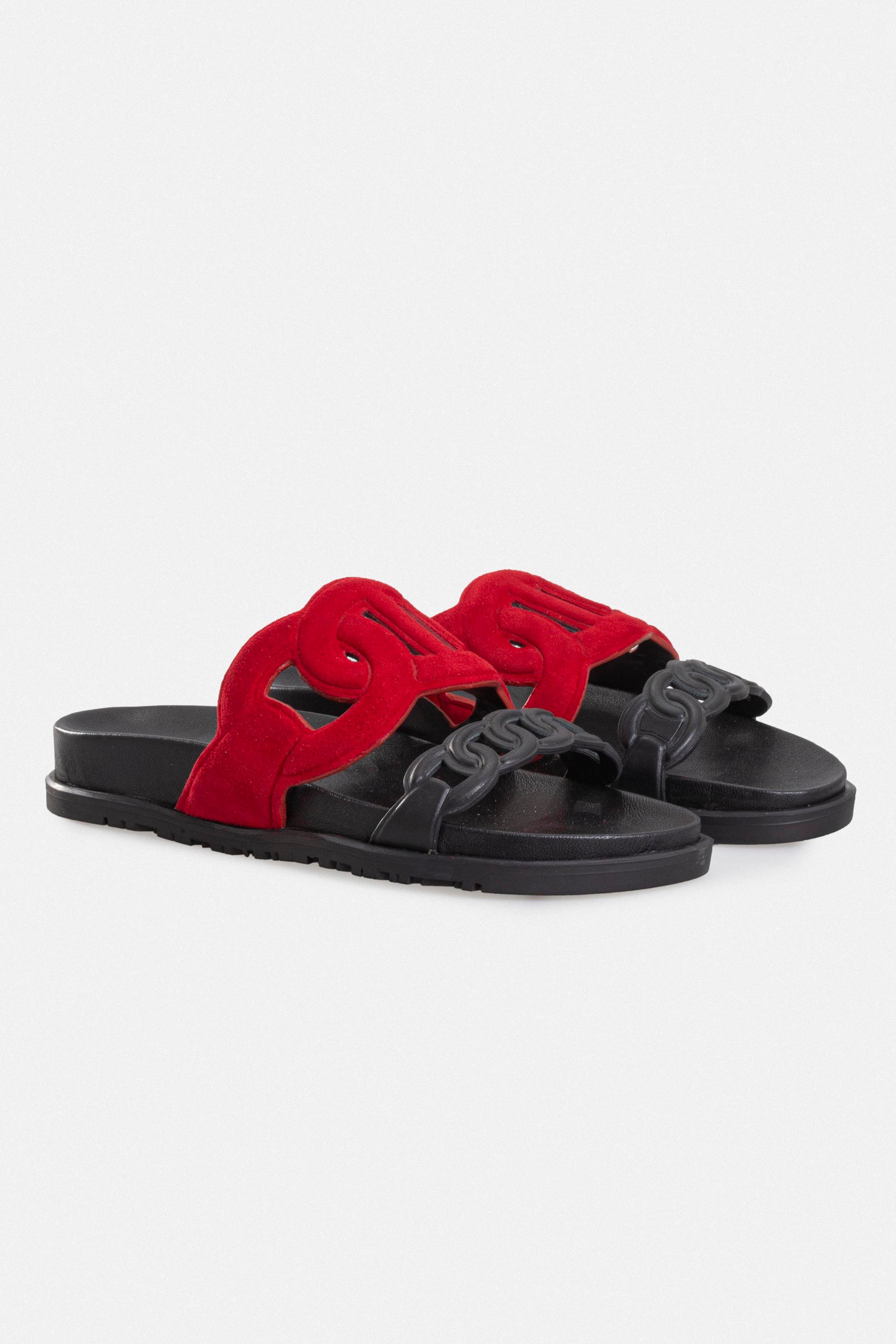 Kadın Günlük Düz Terlik - Siyah Deri-Kırmızı Süet