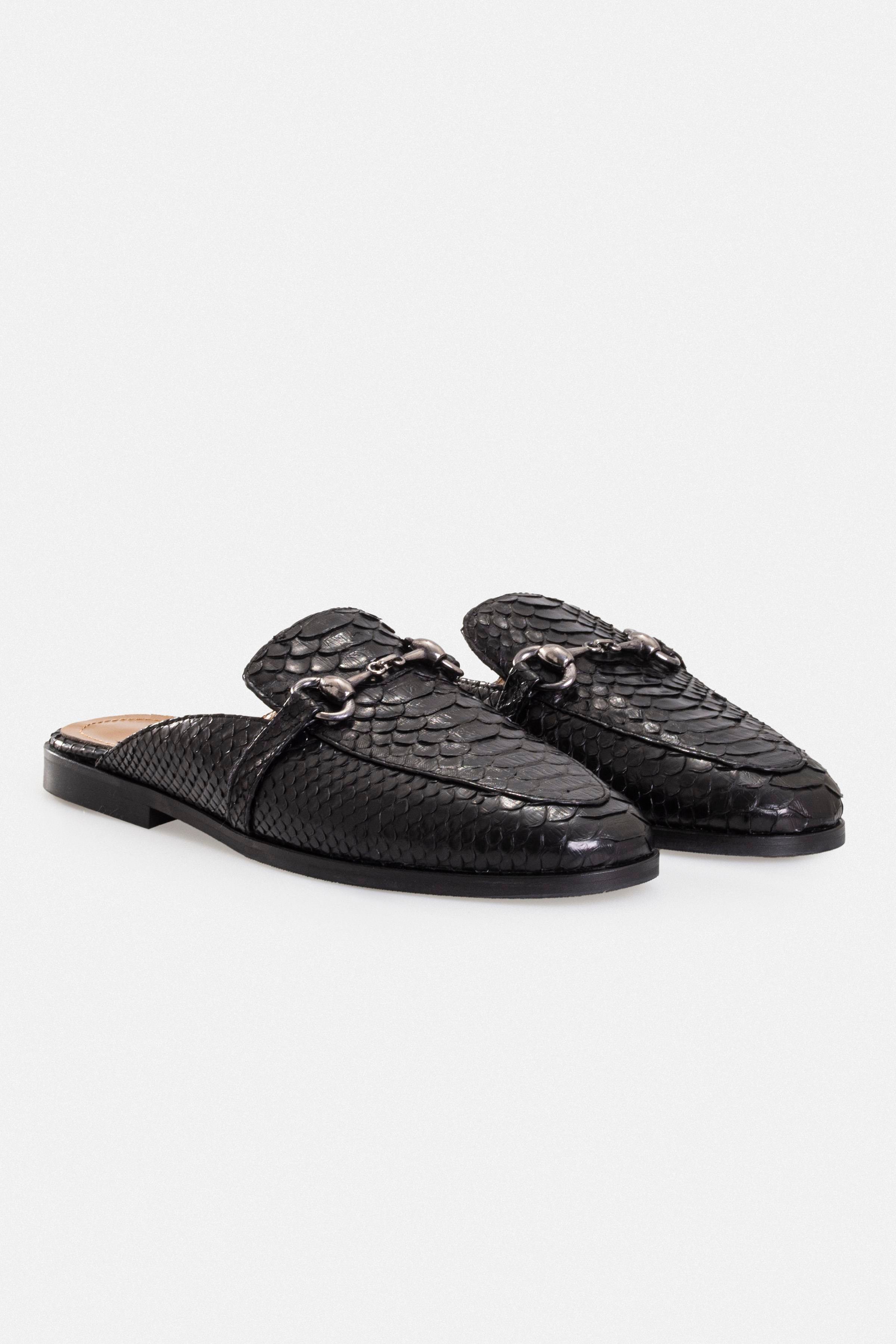 Kadın Günlük Düz Terlik - Siyah Yılan Derisi