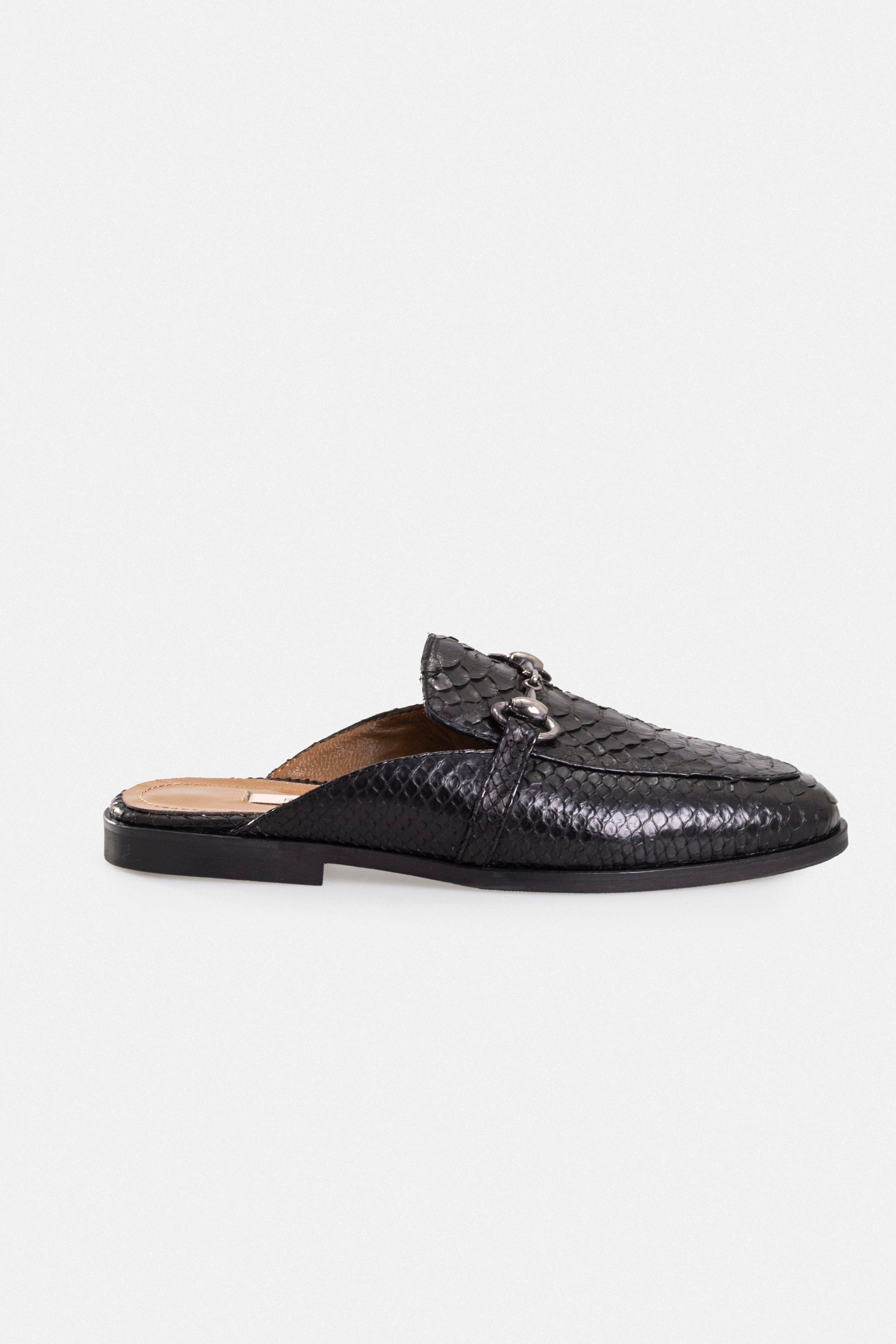 Kadın Günlük Düz Terlik - Siyah Yılan Derisi