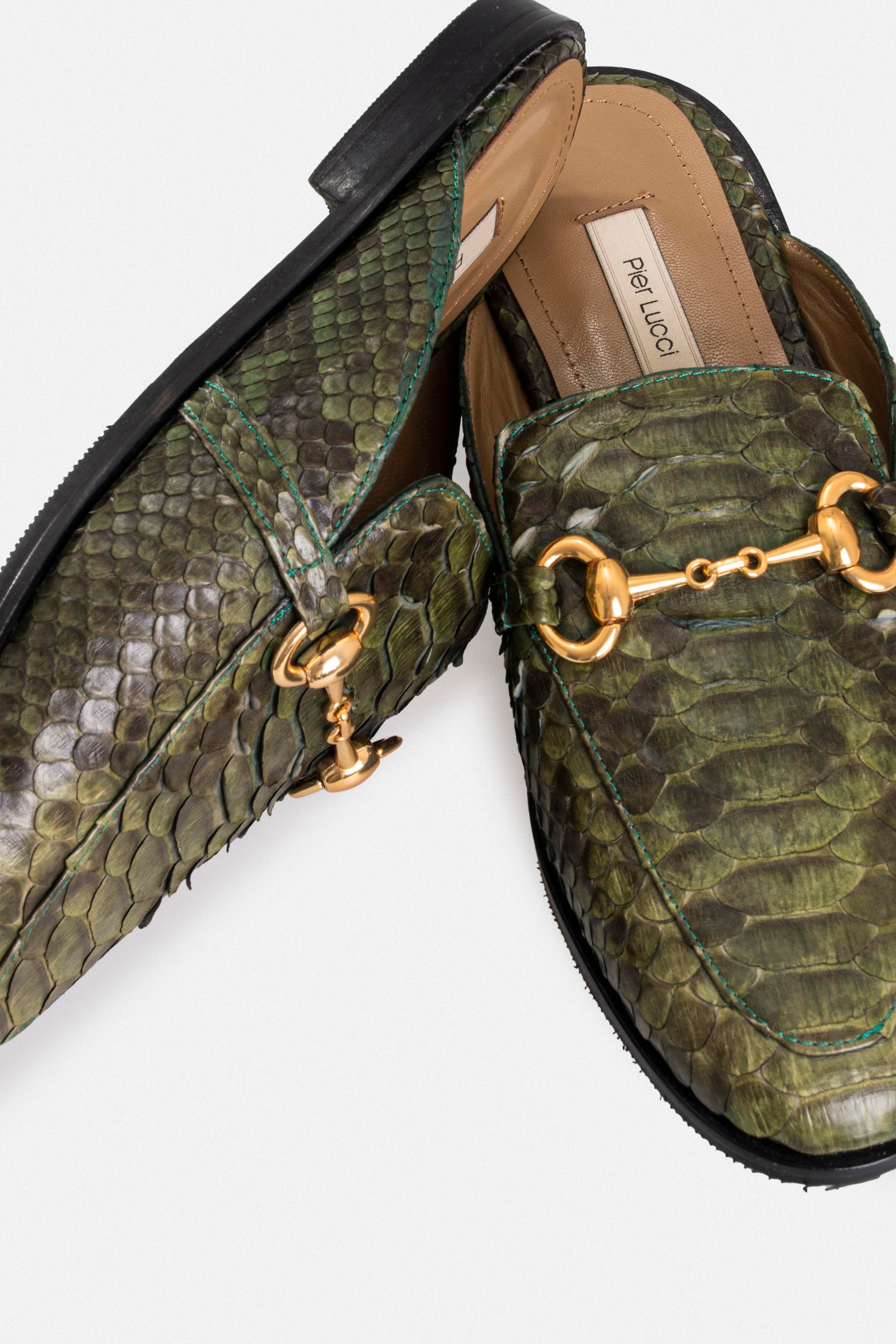 Kadın Günlük Düz Terlik - Yeşil Yılan Derisi