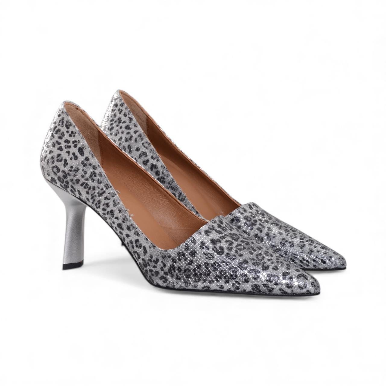 Kadın İnce Topuklu Ayakkabı - Gümüş Leopar