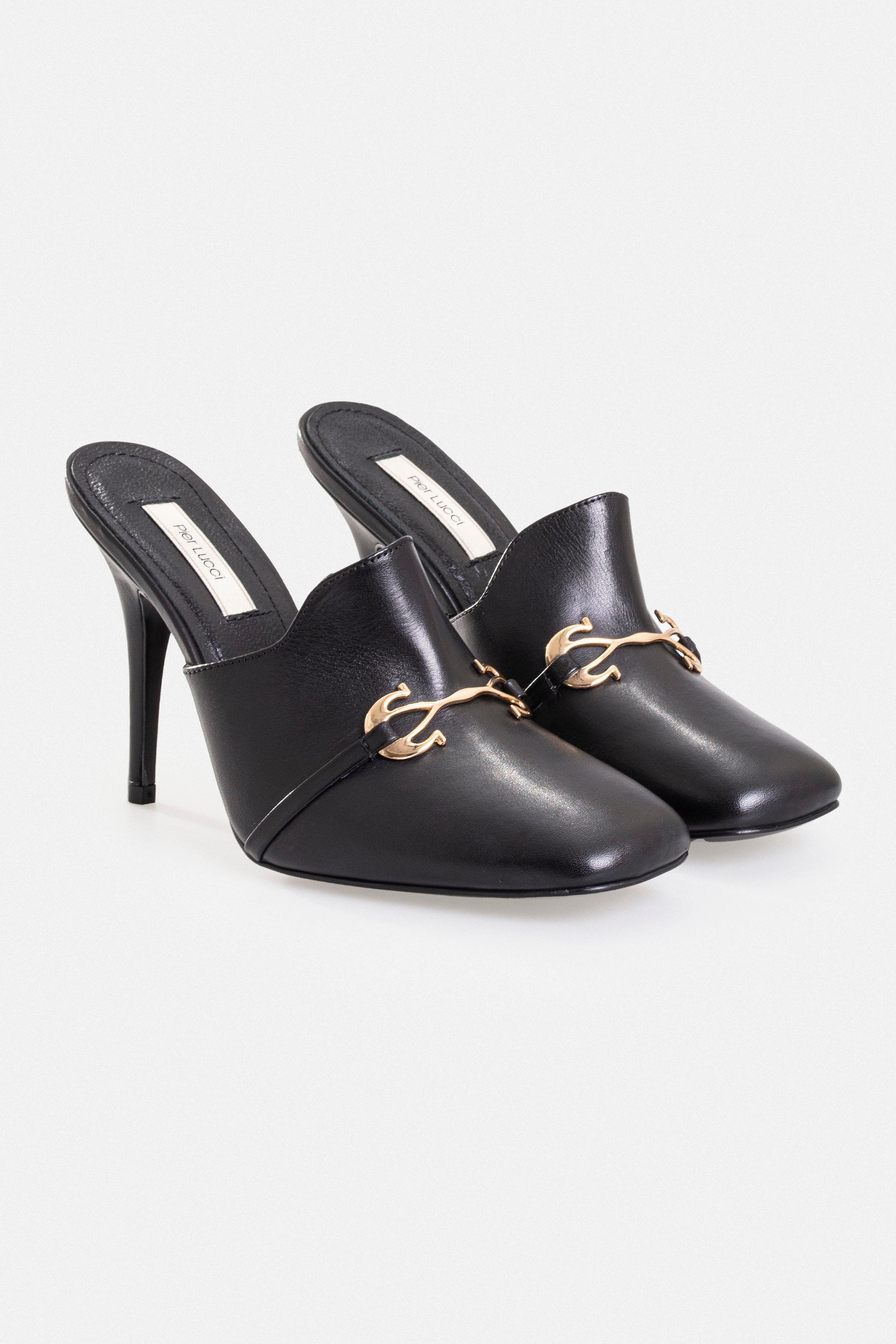 Kadın İnce Topuklu Terlik - Siyah Deri