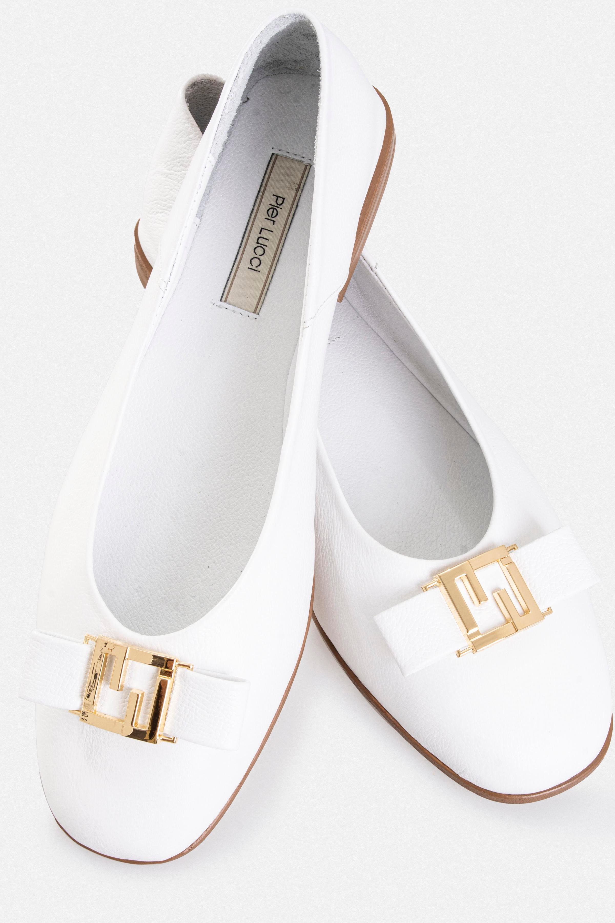 Kadın Tokalı Düz Babet Ayakkabı - Beyaz Deri