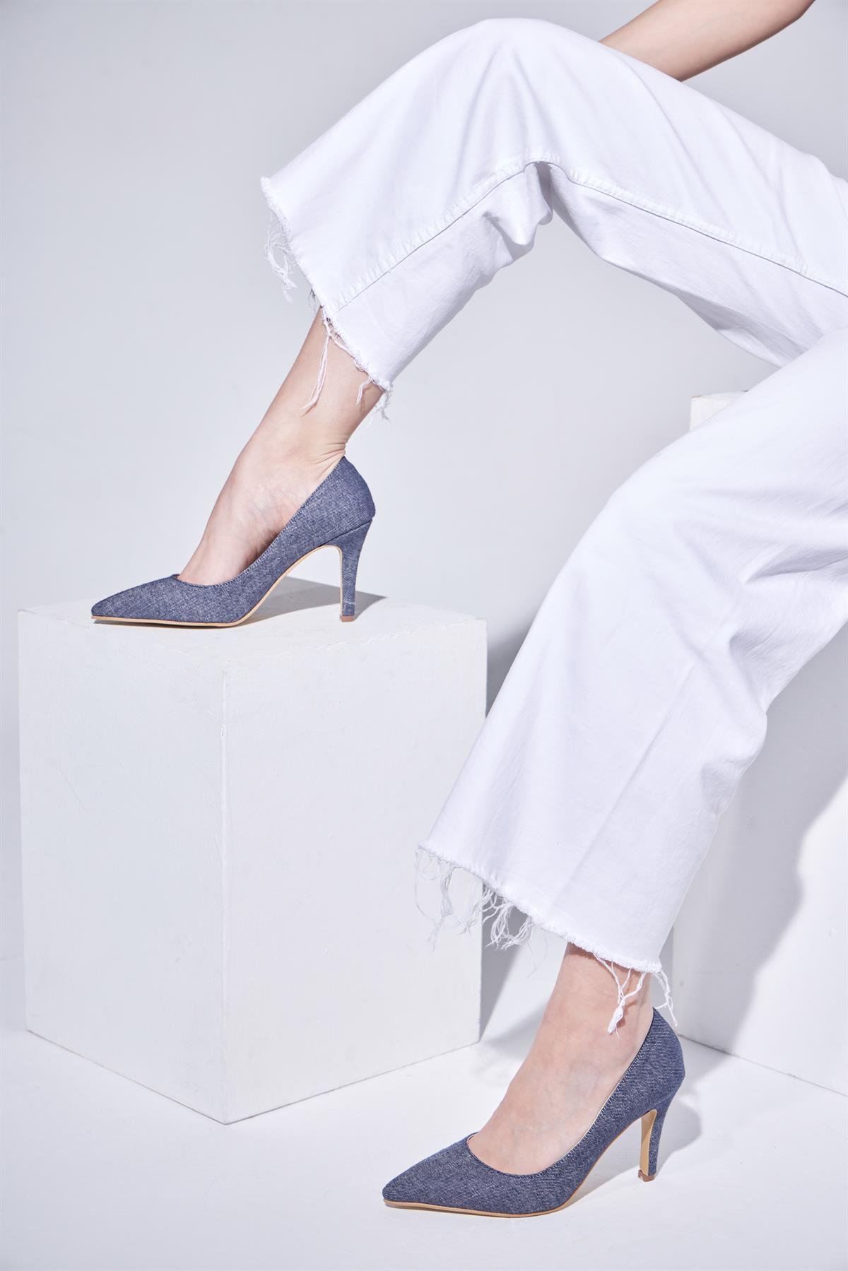 Jeans Lacivert Kot Kumaş  Topuklu  Kadın Stiletto