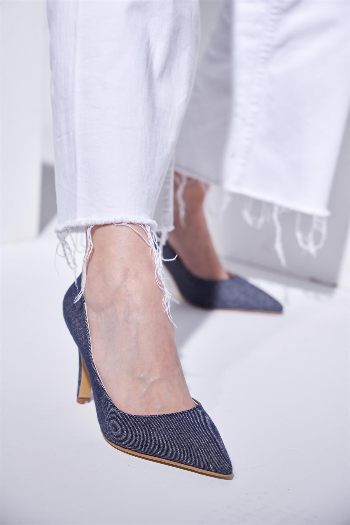 Jeans Lacivert Kot Kumaş  Topuklu  Kadın Stiletto