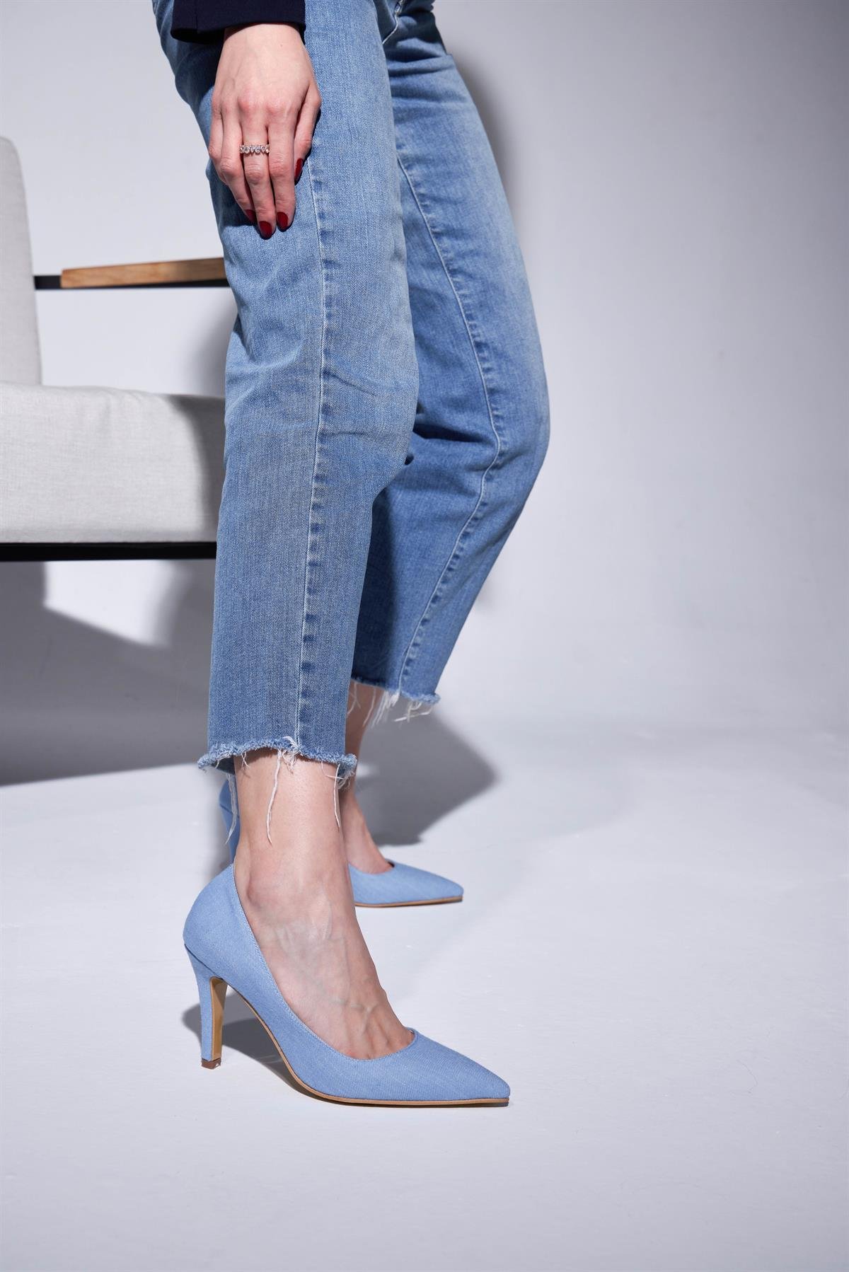 Jeans Mavi Kot Kumaş  Topuklu  Kadın Stiletto