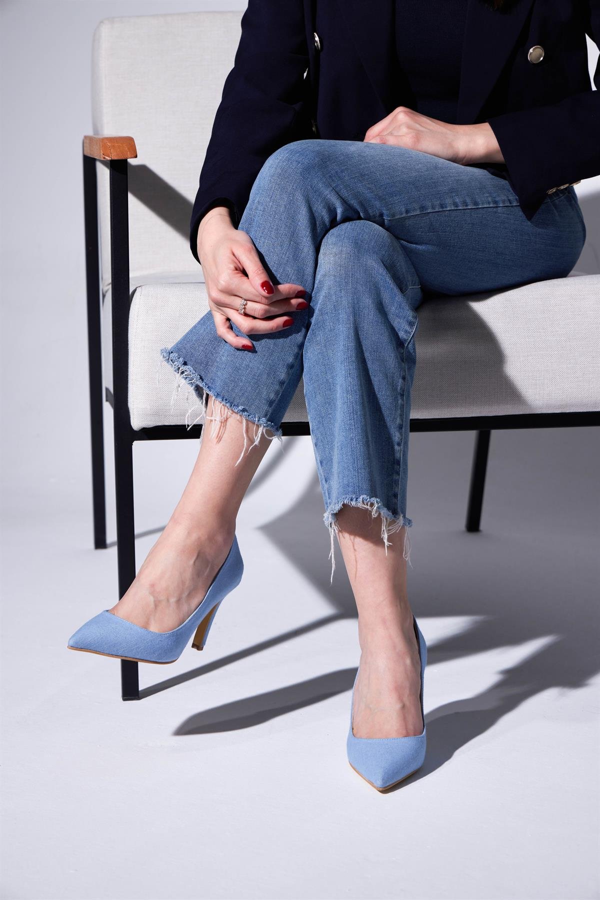 Jeans Mavi Kot Kumaş  Topuklu  Kadın Stiletto