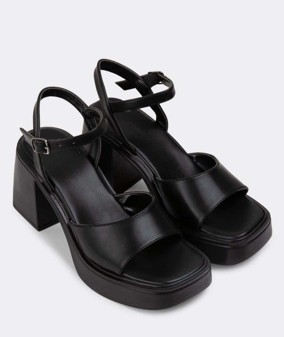 Massa Kadın Siyah Gerçek Deri Kalın Topuklu Sandalet