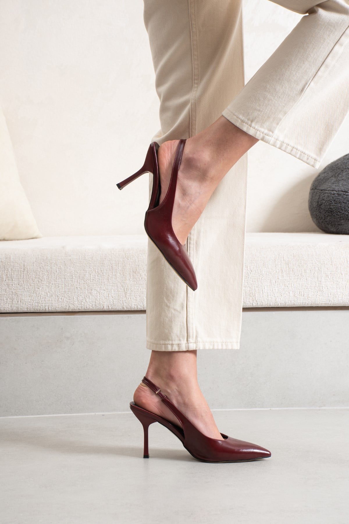 Zeni Kadın Bordo Deri Stiletto Topuklu Ayakkabı 