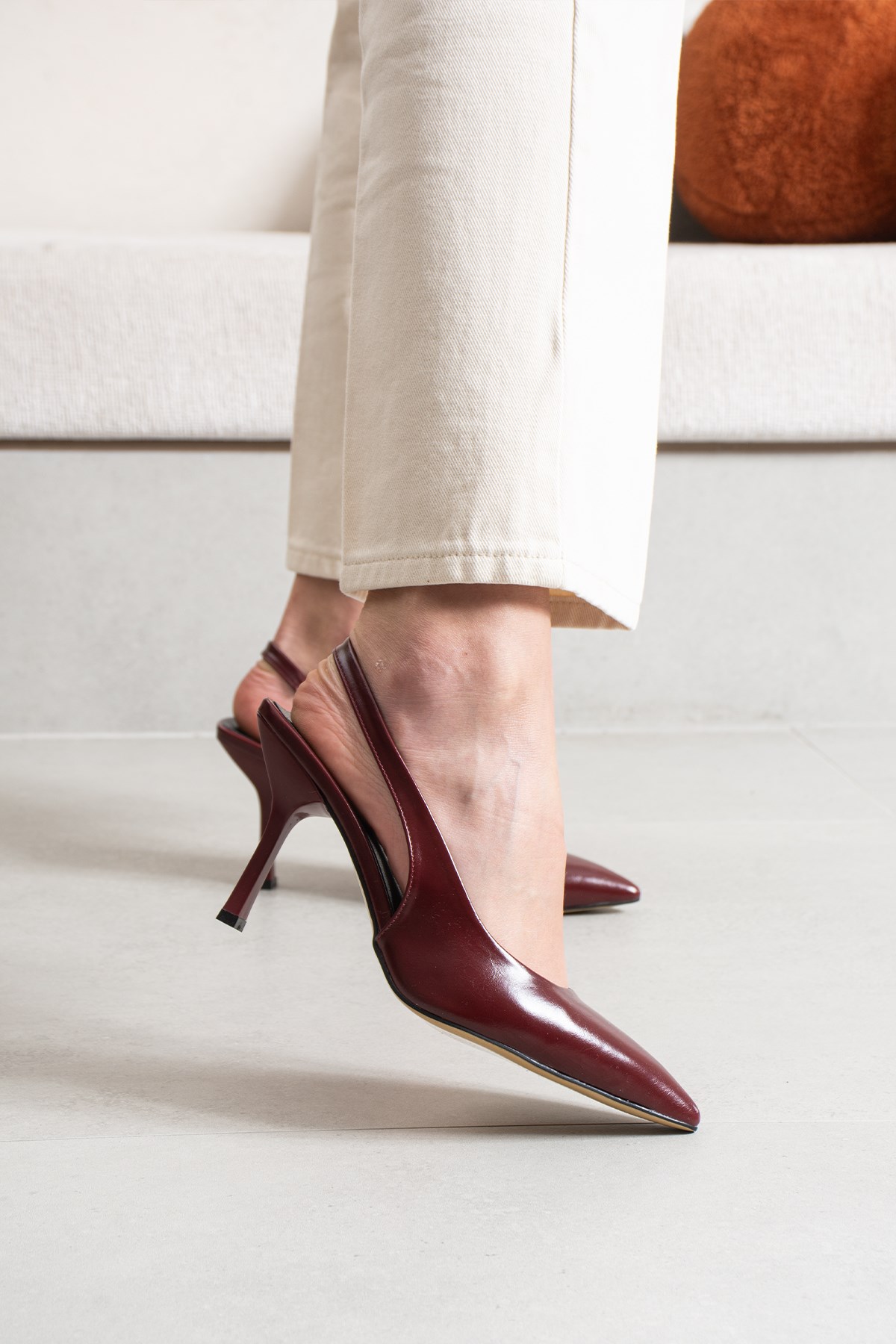 Zeni Kadın Bordo Deri Stiletto Topuklu Ayakkabı 