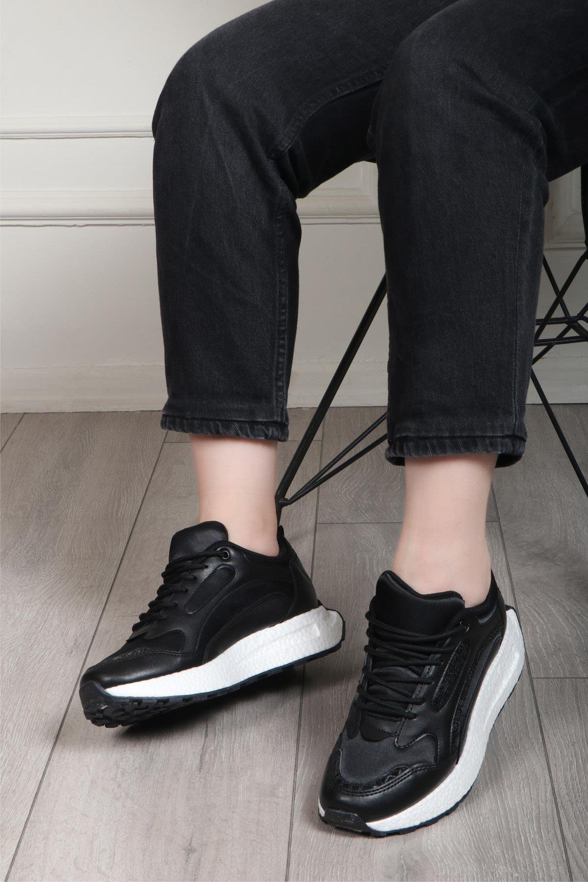  Kadın Spor Ayakkabı Siyah Beyaz FLET 307 Cilt Paraşüt
