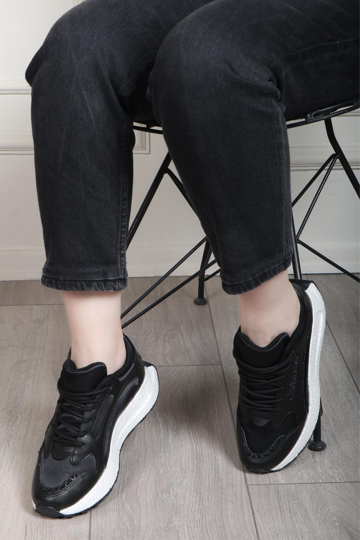  Kadın Spor Ayakkabı Siyah Beyaz FLET 307 Cilt Paraşüt