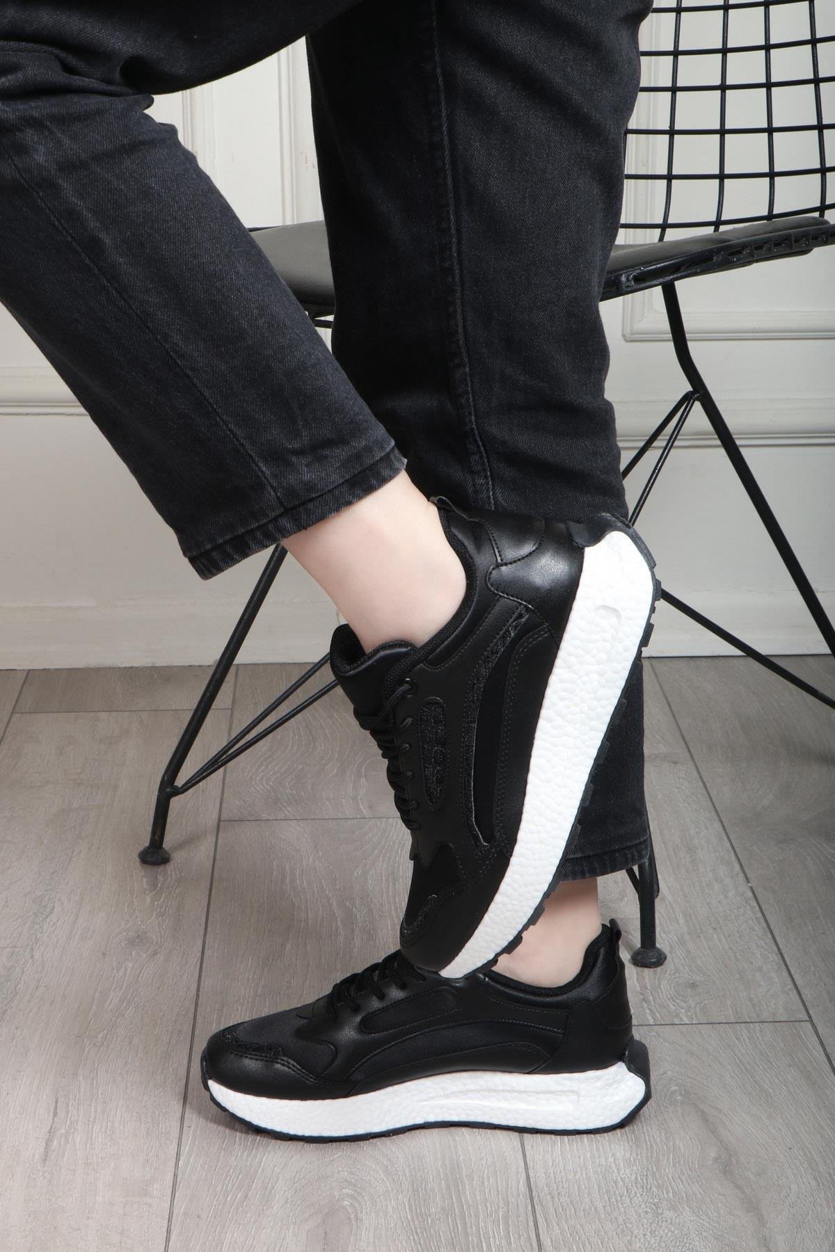  Kadın Spor Ayakkabı Siyah Beyaz FLET 307 Cilt Paraşüt