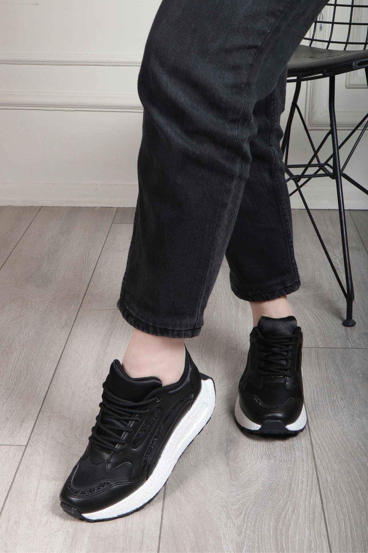  Kadın Spor Ayakkabı Siyah Beyaz FLET 307 Cilt Paraşüt