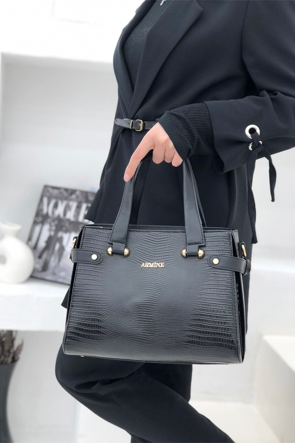 Armine Çanta 172 Baskılı Siyah Kroka