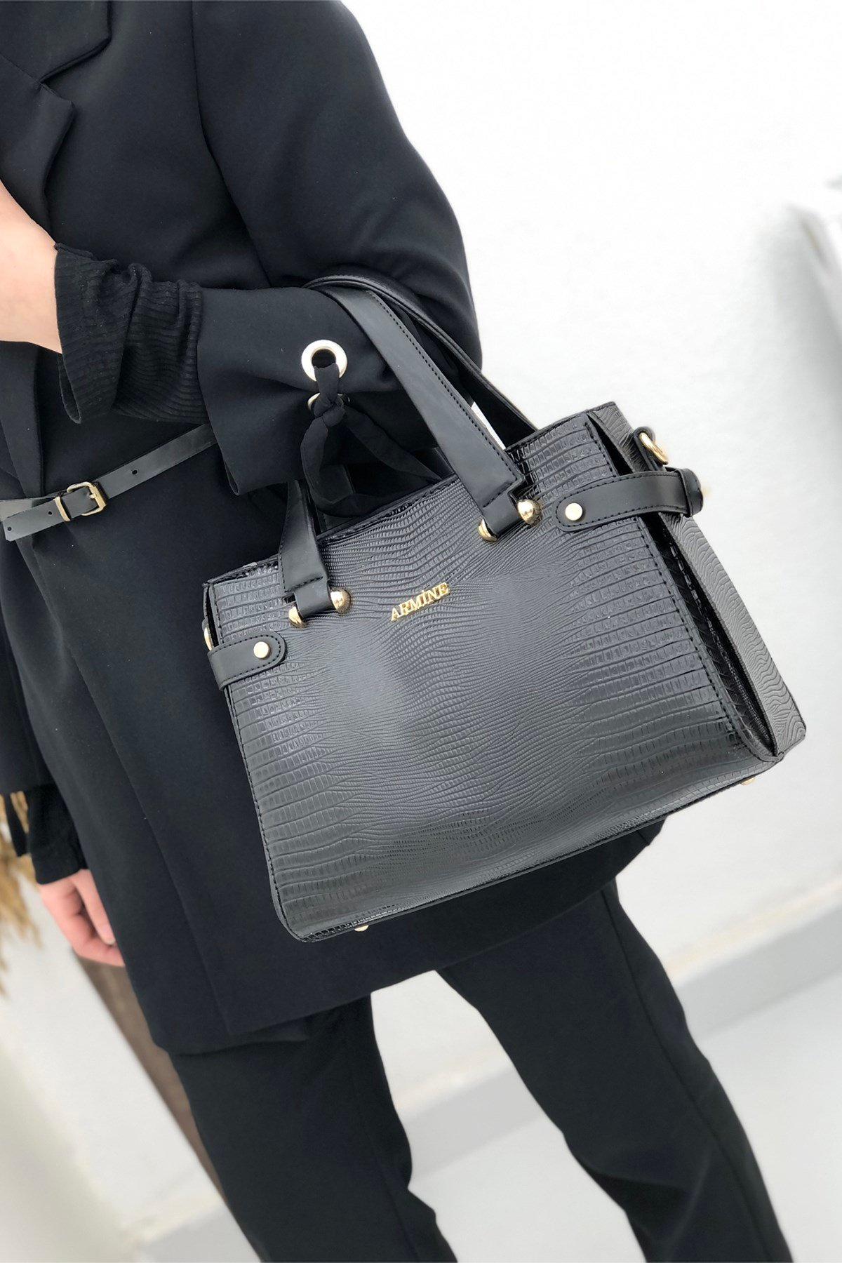 Armine Çanta 172 Baskılı Siyah Kroka