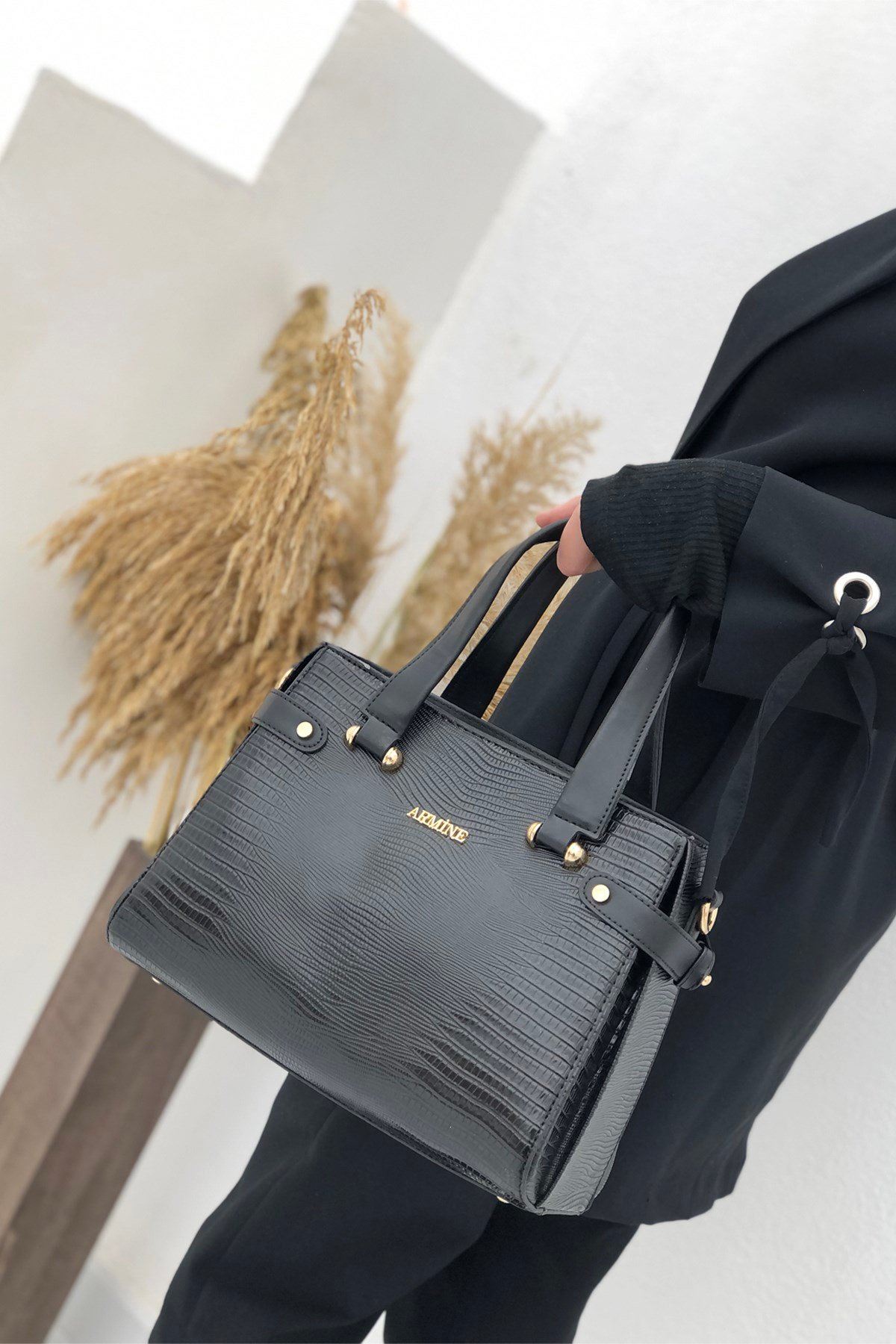 Armine Çanta 172 Baskılı Siyah Kroka