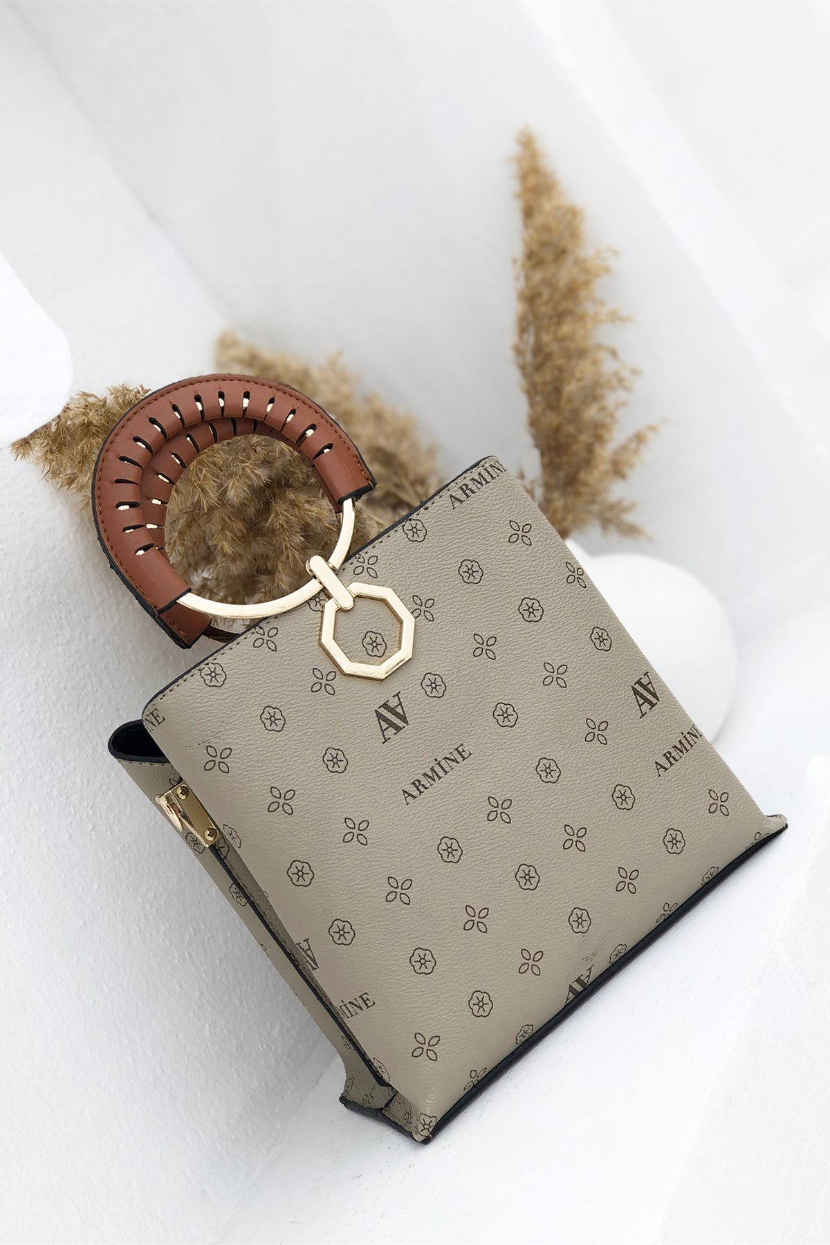 Armine Yuvarlak Kulplu El Ve Omuz Çantası 260 Vizon Baskılı