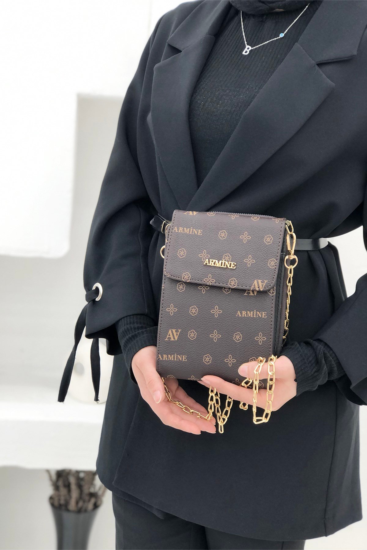 Armine Zincirli Çanta 266 Kahve Baskılı
