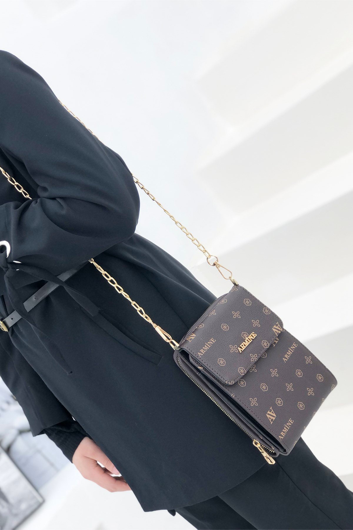 Armine Zincirli Çanta 266 Kahve Baskılı