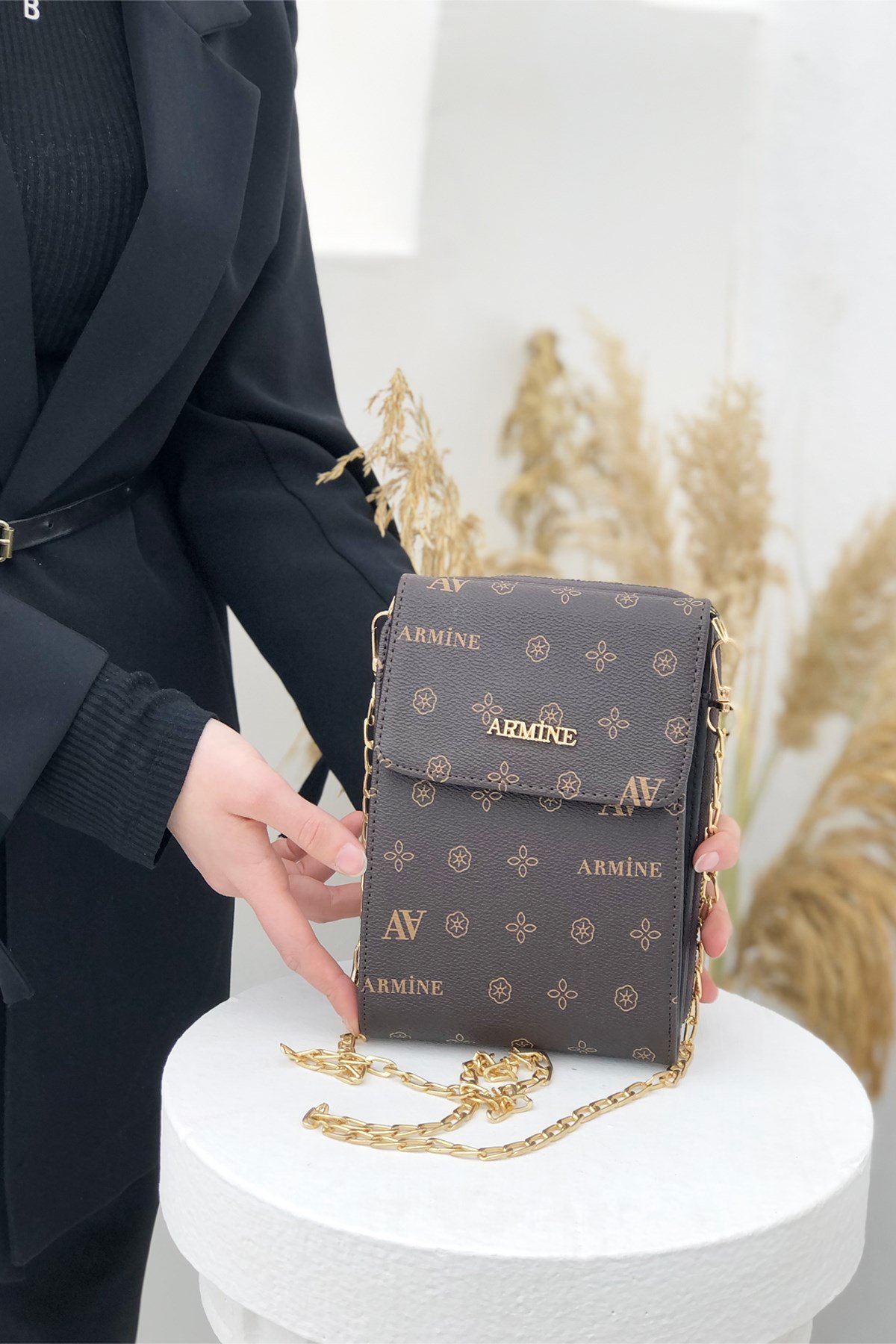 Armine Zincirli Çanta 266 Kahve Baskılı