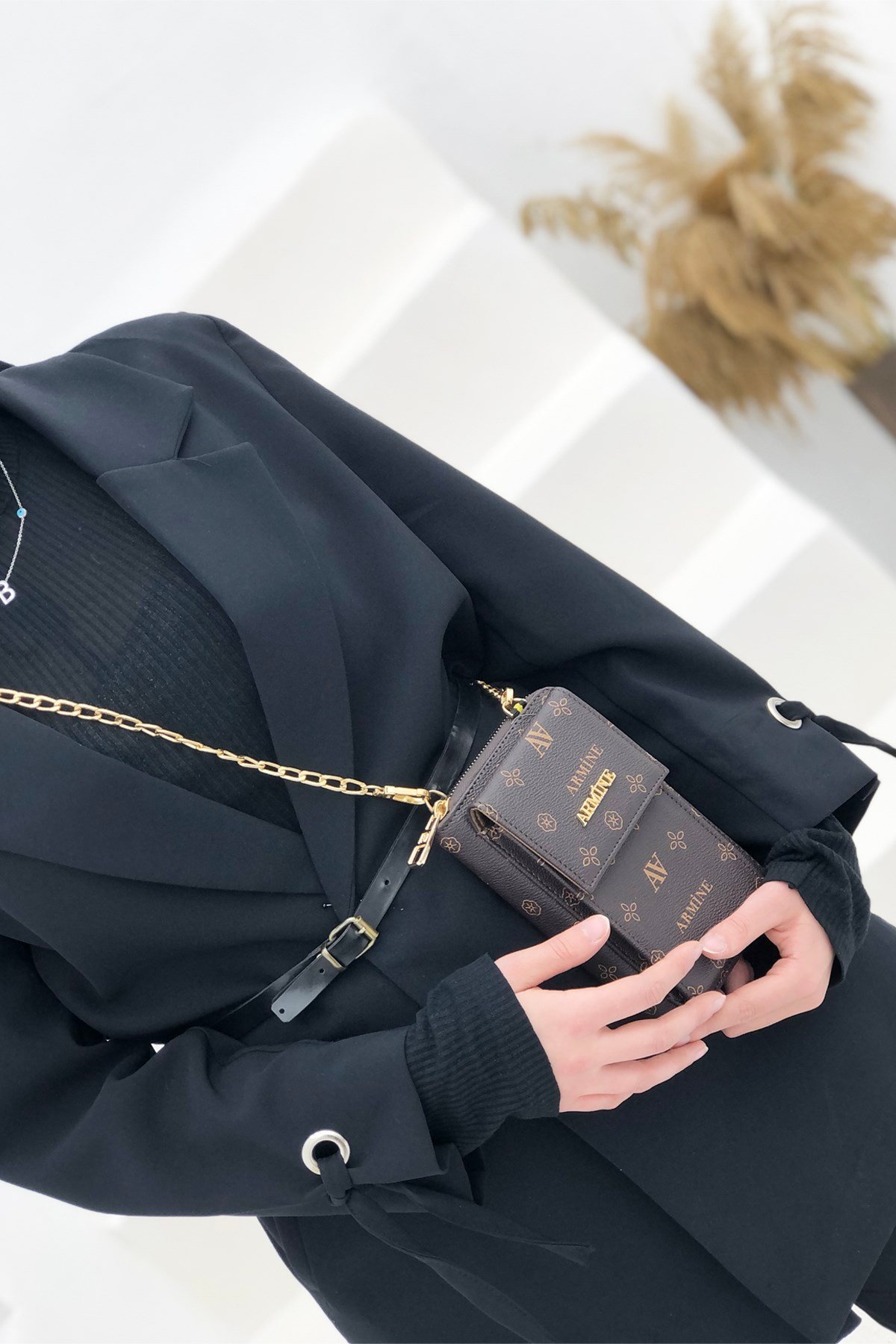 Armine Zincirli Postacı Çanta 265 Kahve Baskılı