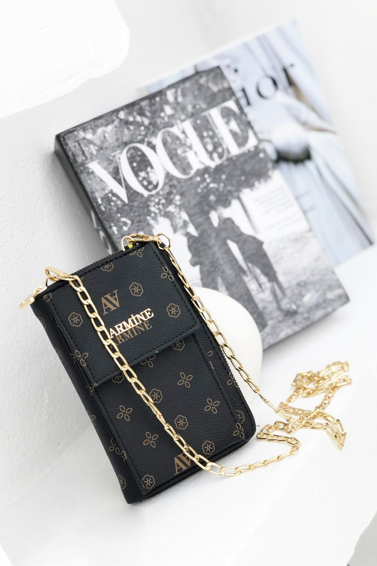 Armine Zincirli Postacı Çanta 265 Siyah Baskılı