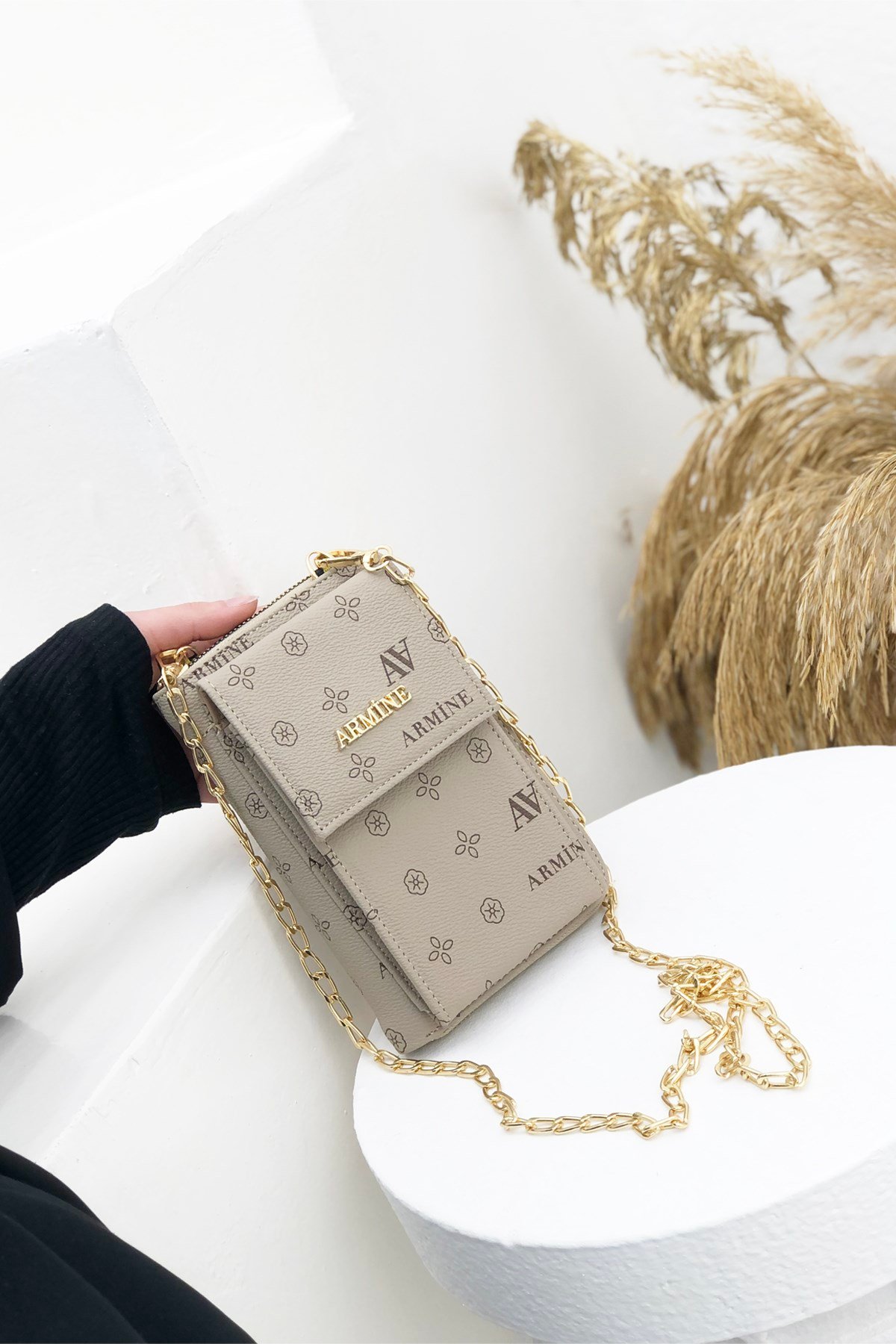 Armine Zincirli Postacı Çanta 265 Vizon Baskılı