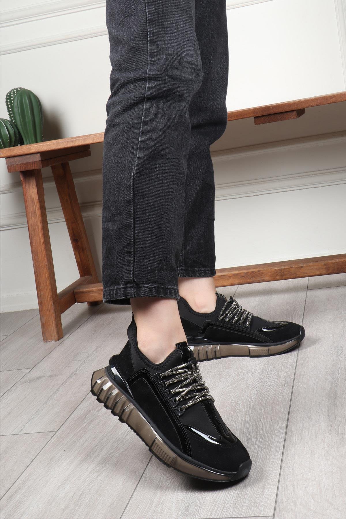 BEREL G242 Taşlı Bağcıklı Kadın Ayakkabı Siyah